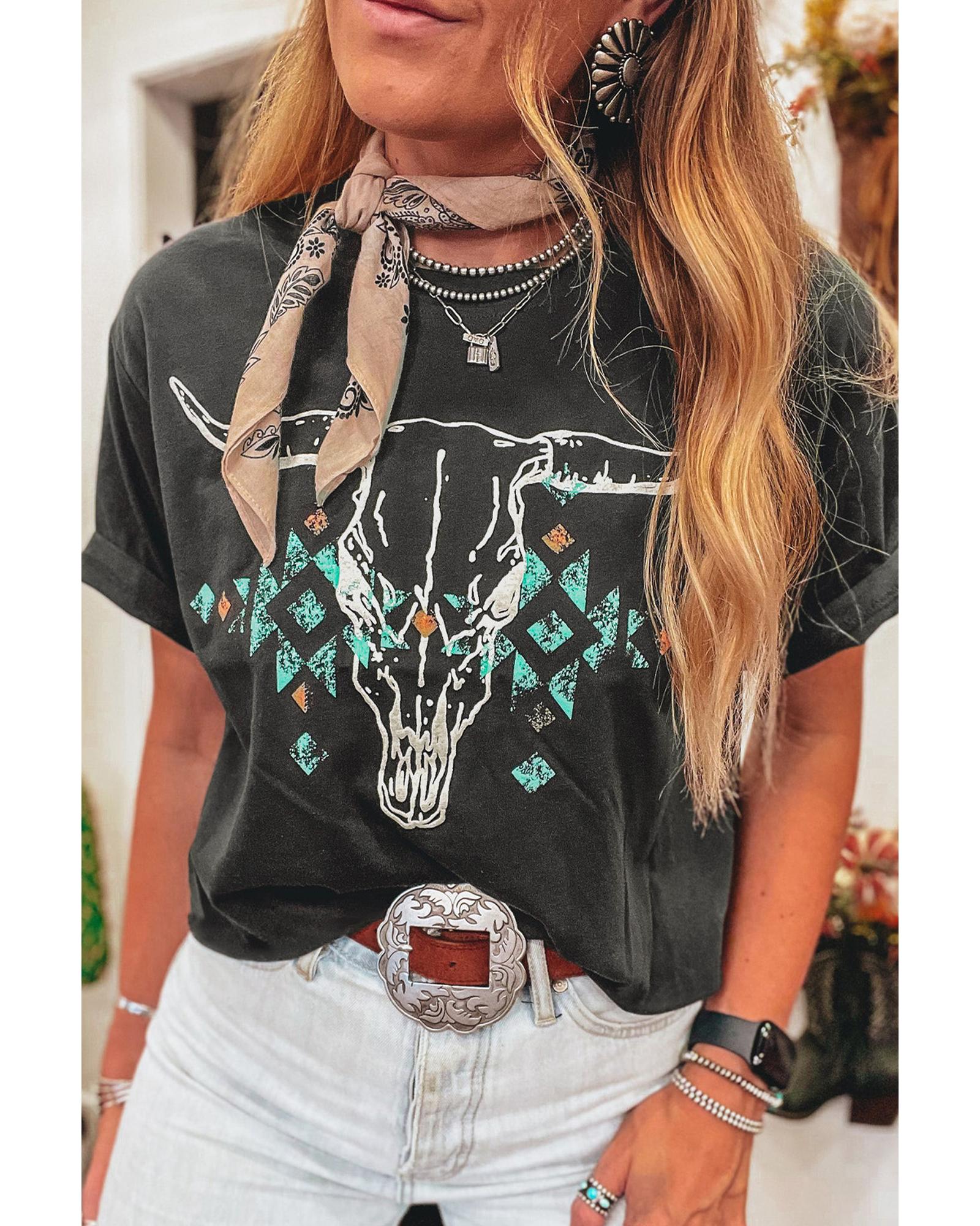 V539-AZEXDC25227154-P4011-XL-202508271255-00 Carbon Grey Vintage Western Bull Head Skull Turquoise Aztec Graphic T Shirt - XL - Image 1