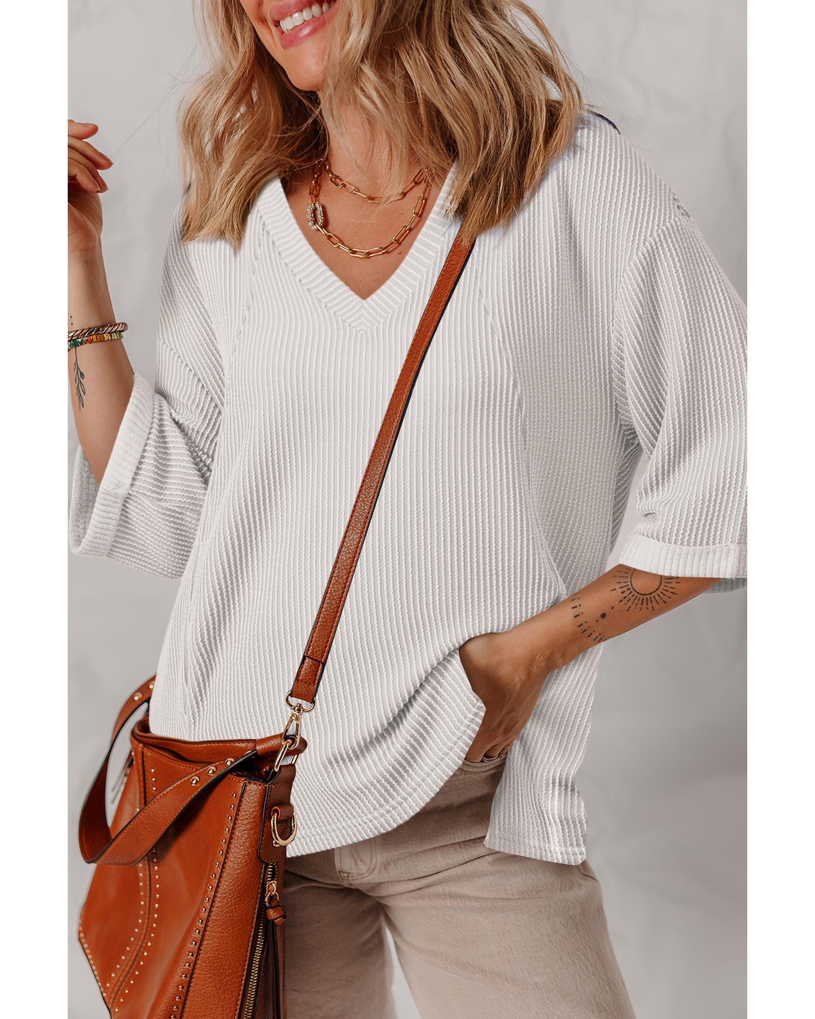 V539-AZEXDC25227163-P1-XL-202508280650-00 White Solid Color Corded Drop Shoulder 3/4 Sleeve V Neck Top - XL - Image 1