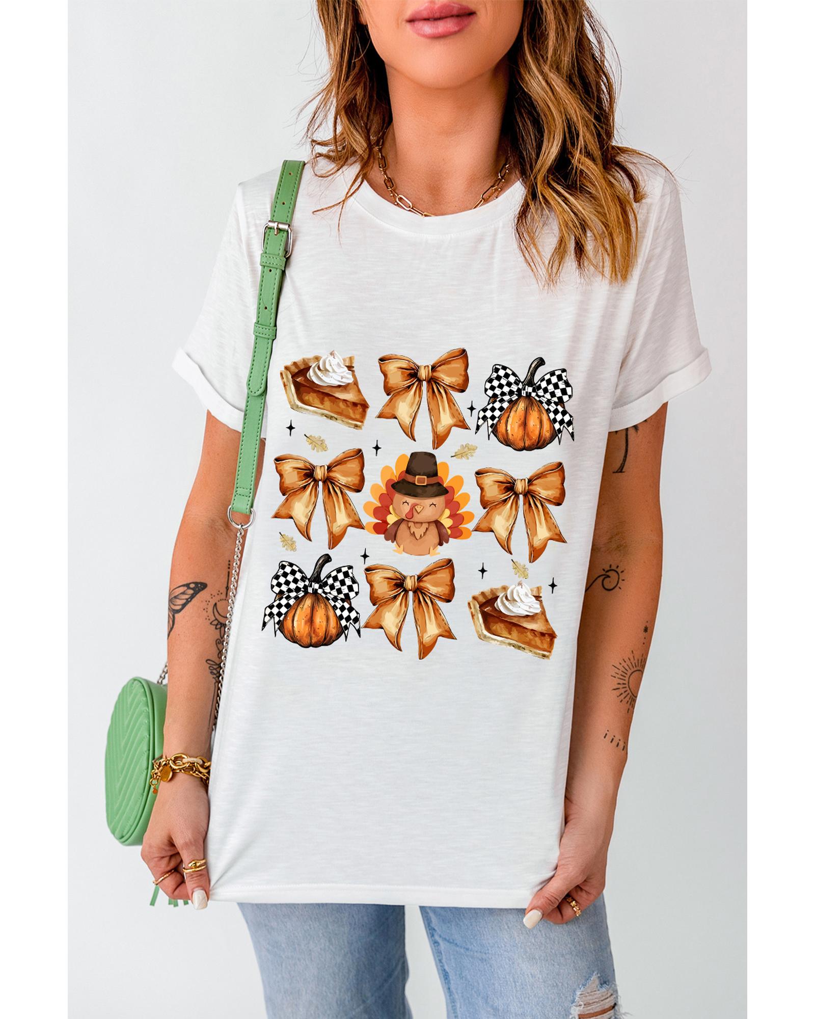V539-AZEXDC25227166-1-2XL-202508282315-00 White Cute Bowknot Tanksgiving Graphic Crewneck T Shirt - 2XL - Image 1