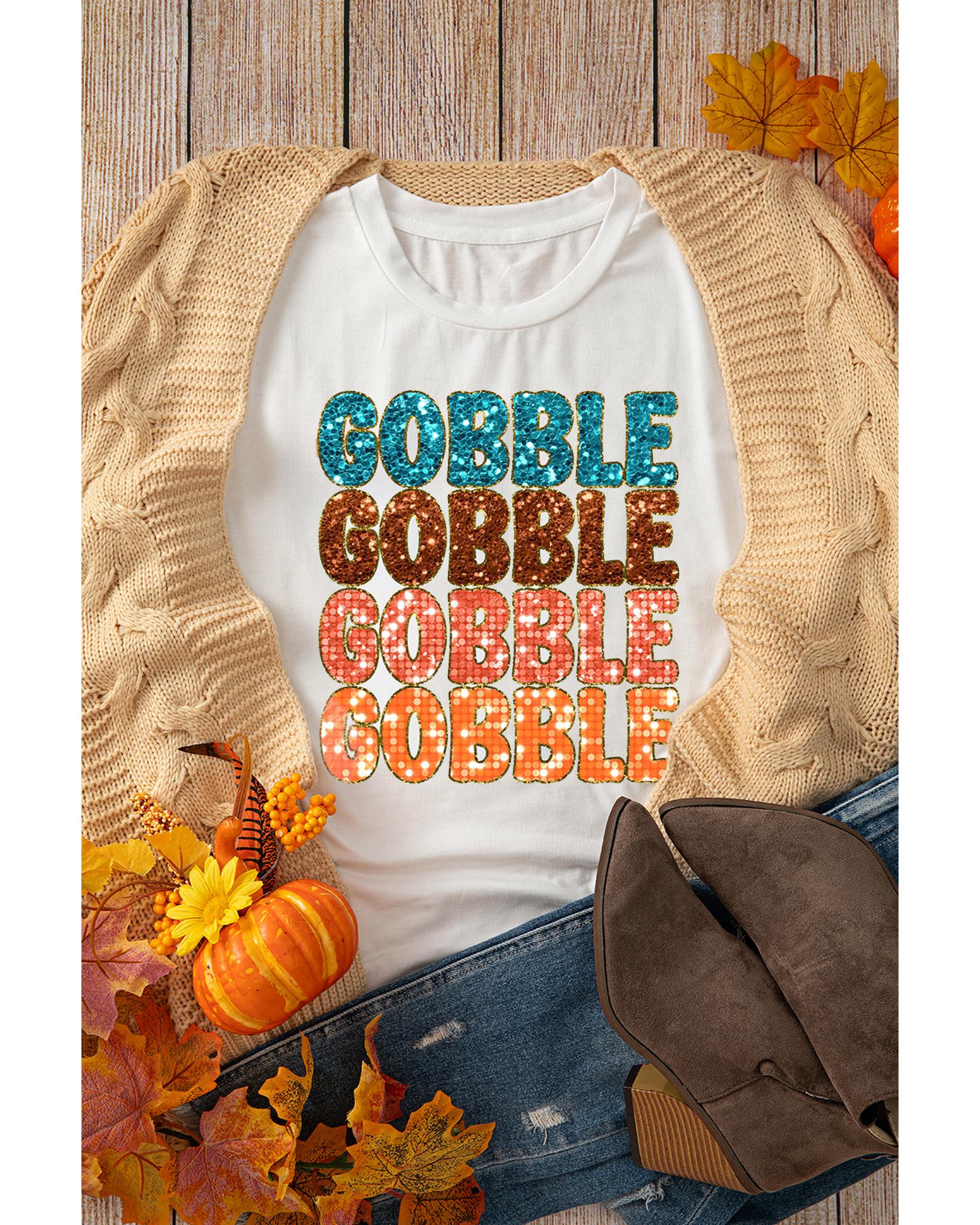 V539-AZEXDC25227175-1-XL-202508290150-00 White Heat Transfer GOBBLE Graphic Crewneck Thanksgiving T Shirt - XL - Image 1