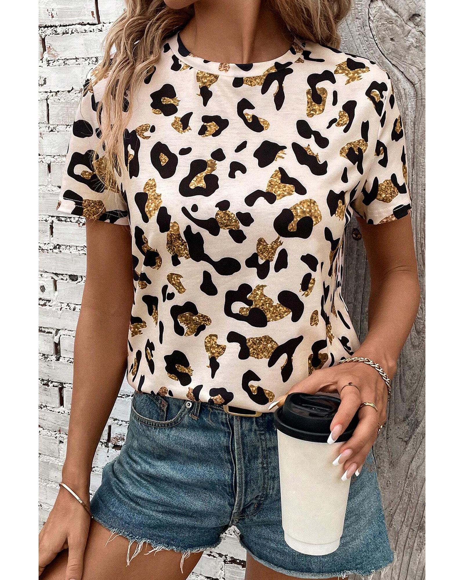 V539-AZEXDC25227199-P1820-M-202508300525-00 Apricot Leopard Print Round Neck Casual T Shirt - M - Image 1