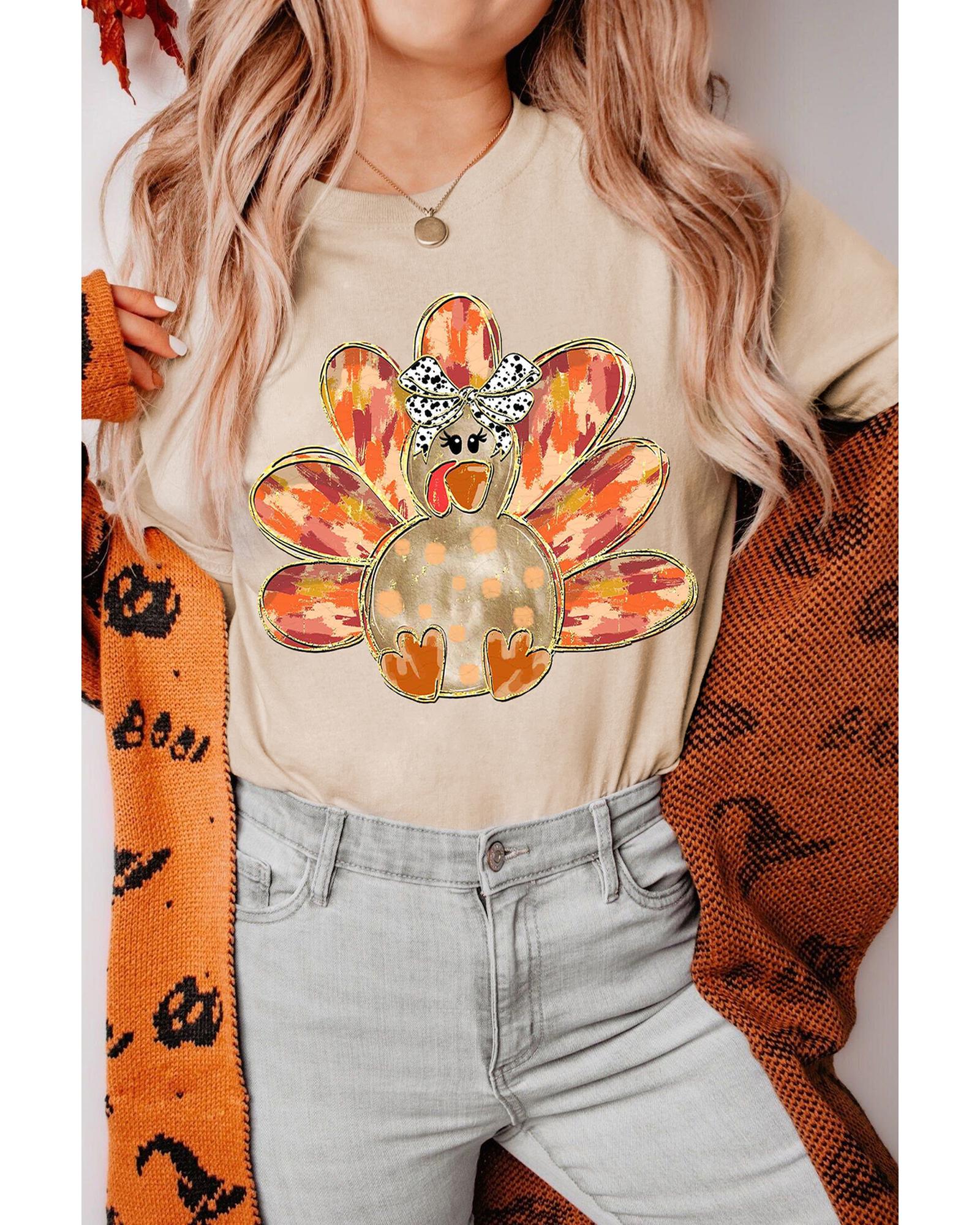 V539-AZEXDC25227209-16-M-202508300000-00 Khaki Thanksgiving Bowknot Turkey Graphic Crewneck Tee - M - Image 1
