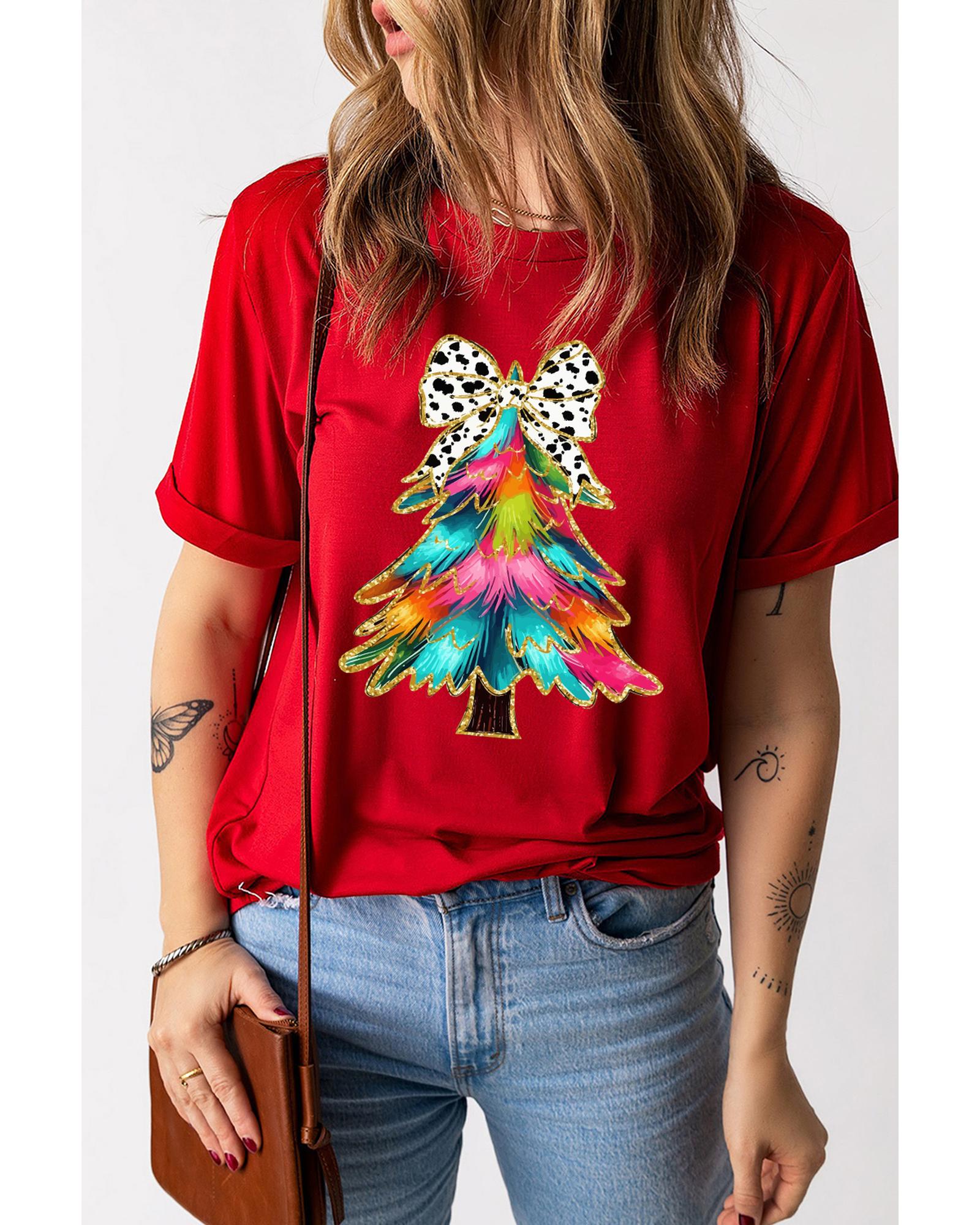 V539-AZEXDC25227210-103-L-202508280500-00 Red Bow Decor Christmas Tree Graphic Holiday T Shirt - L - Image 1