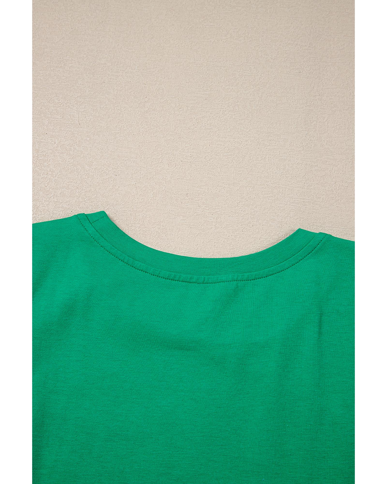 V539-AZEXDC25227275-P209-XL-202508280715-00 Dark Green Embroidered Ruffled Sleeve Slim Fit Crew Neck Top - XL - Image 1