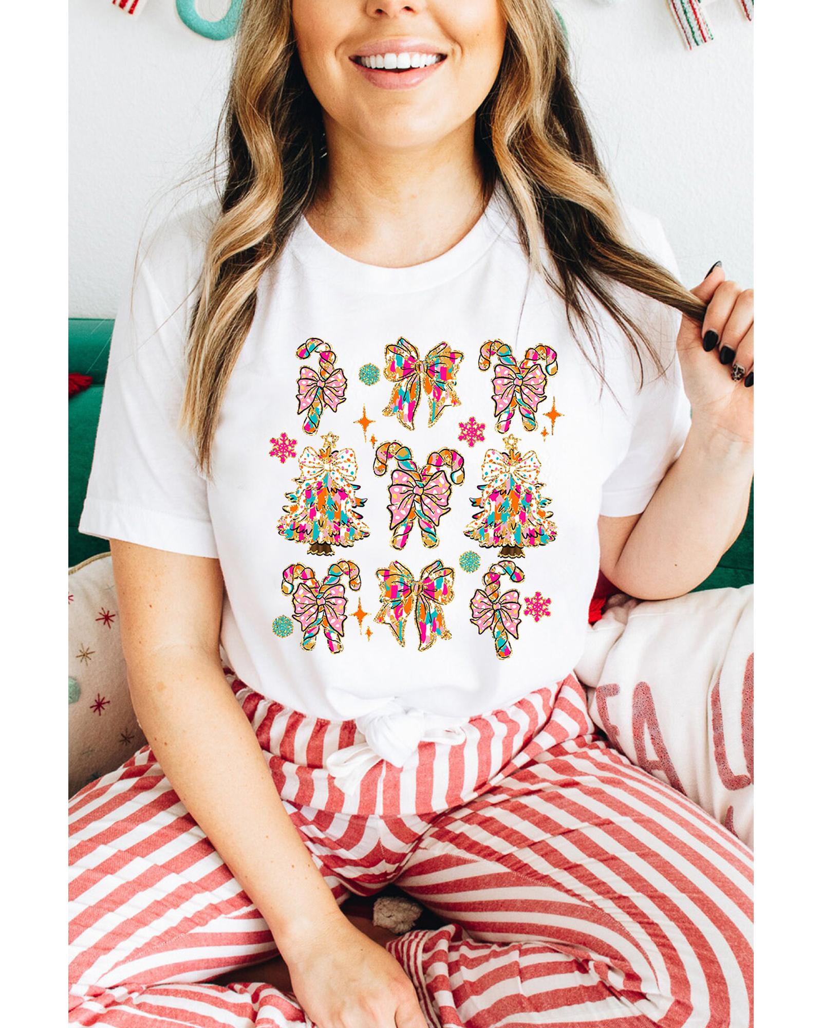 V539-AZEXDC25227279-1-M-202508281850-00 White Christmas Tree Bow Knot Print Round Neck T Shirt - M - Image 1