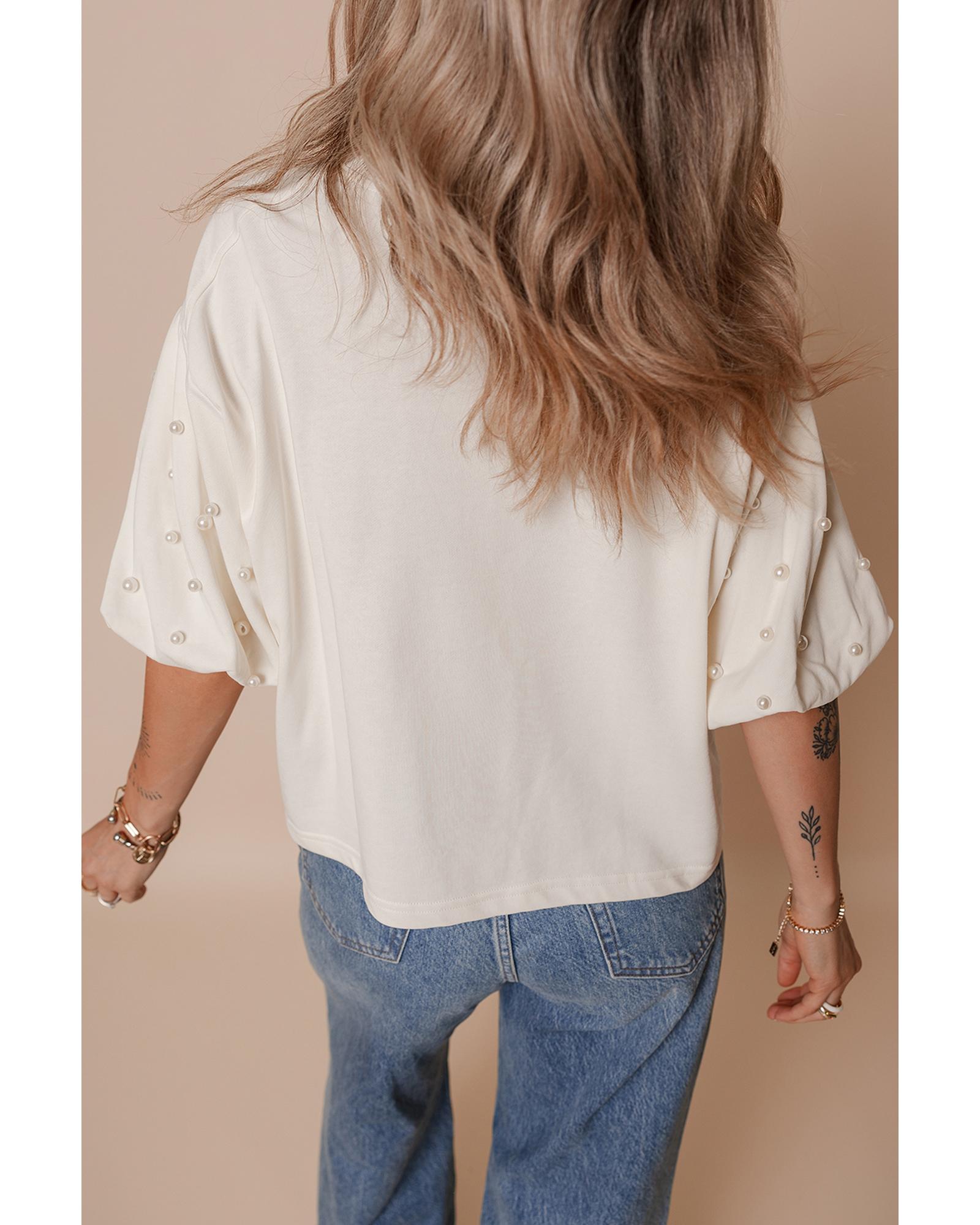 V539-AZEXDC25227298-P1-XL-202508280255-00 White Pearled Puff Sleeve Round Neck Loose Top - XL - Image 1