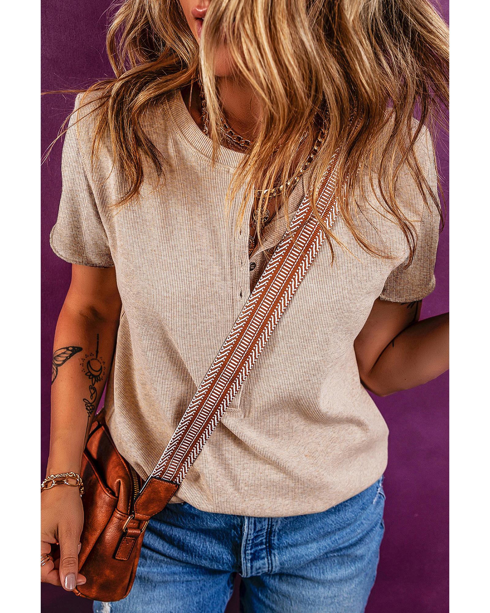 V539-AZEXDC25227320-P1015-M-202508280530-00 Oatmeal Short Sleeve Half Button Ribbed Knit Top - M - Image 1