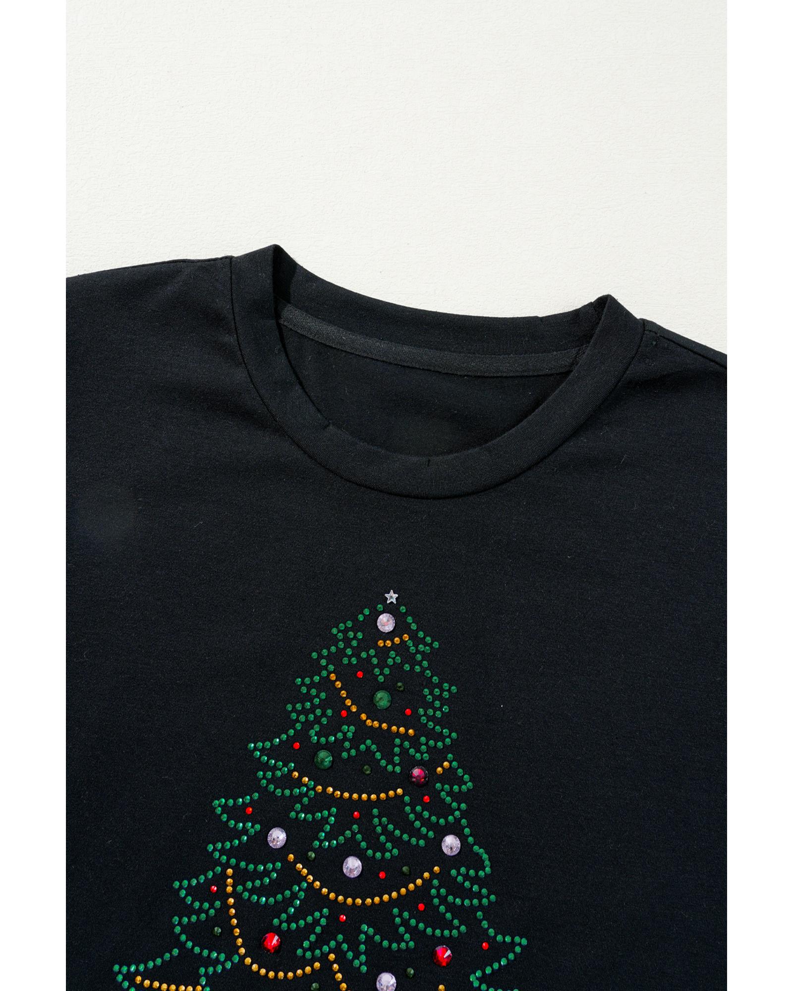 V539-AZEXDC25227373-2-M-202508280605-00 Black Rhinestone Christmas Tree Round Neck Graphic Tee - M - Image 1