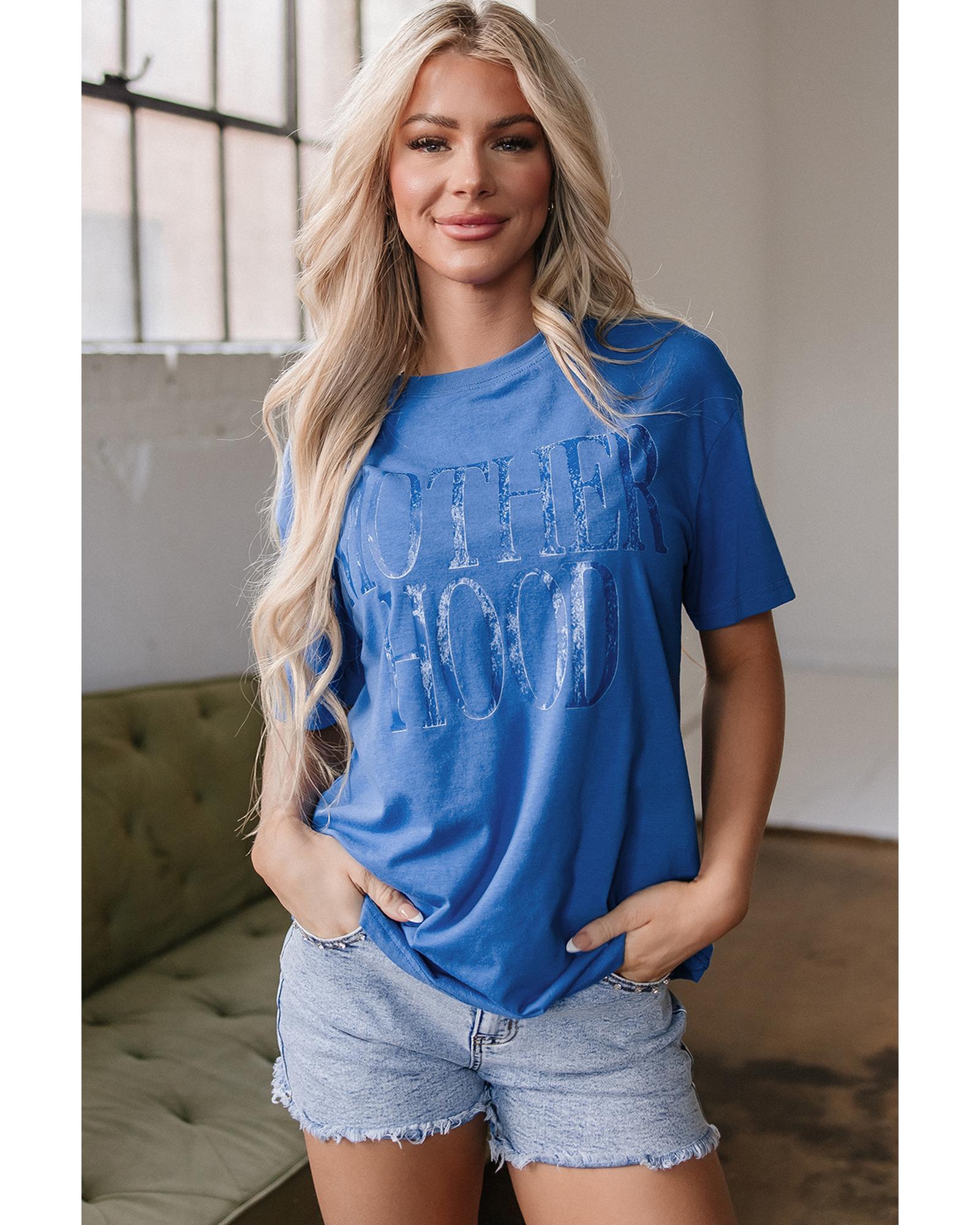 V539-AZEXDC25227479-P205-XL-202508280115-00 Sky Blue Vintage MOTHERHOOD Letter Graphic T Shirt - XL - Image 1