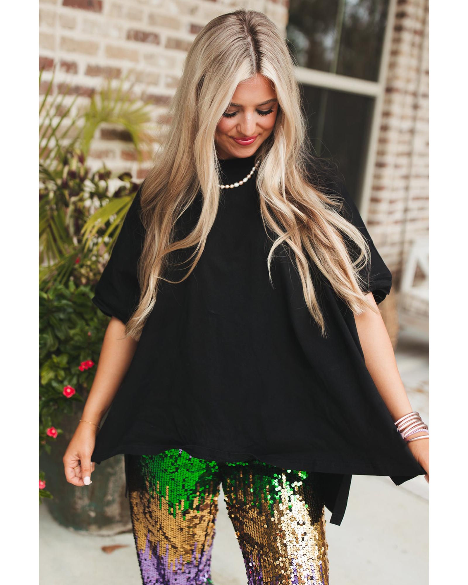V539-AZEXDC25227530-P2-S-202506121846-00 Black Loose Half Sleeve Hi Low Hem T Shirt - S - Image 1
