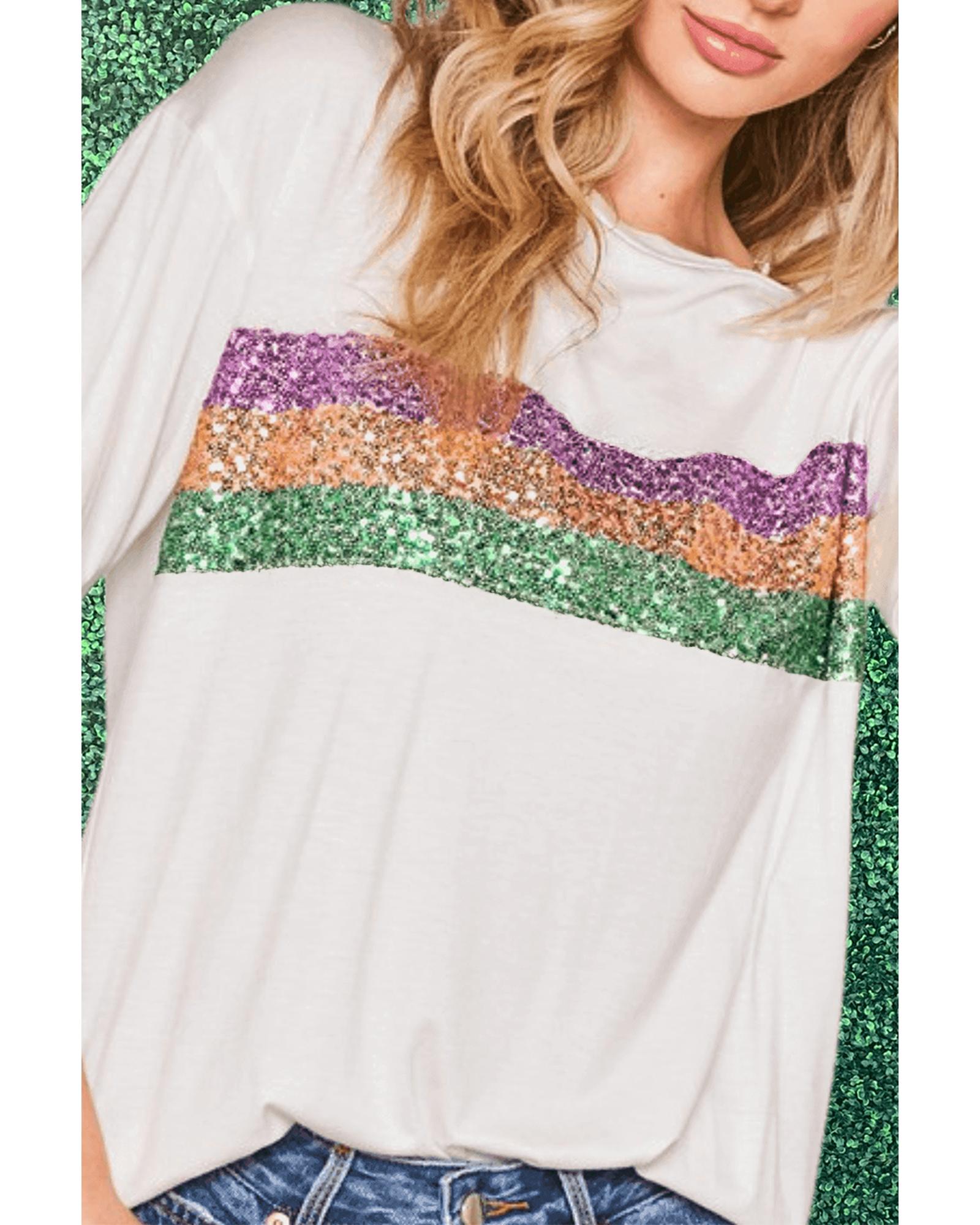 V539-AZEXDC25227549-P1-L-202508271735-00 White Sequin Stripes Patchwork Mardi Gras Crew Neck T Shirt - L - Image 1