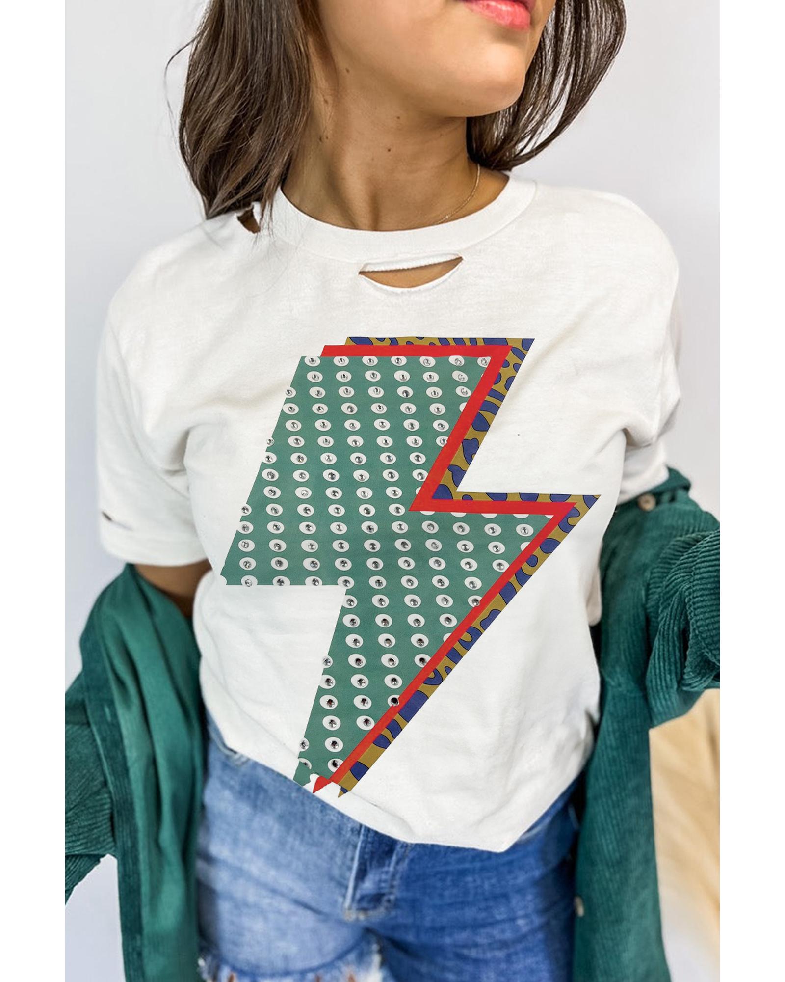 V539-AZEXDC25227570-P1-S-202506121920-00 White Rhinestone Decor Bolt Graphic Ripped Western Tee - S - Image 1