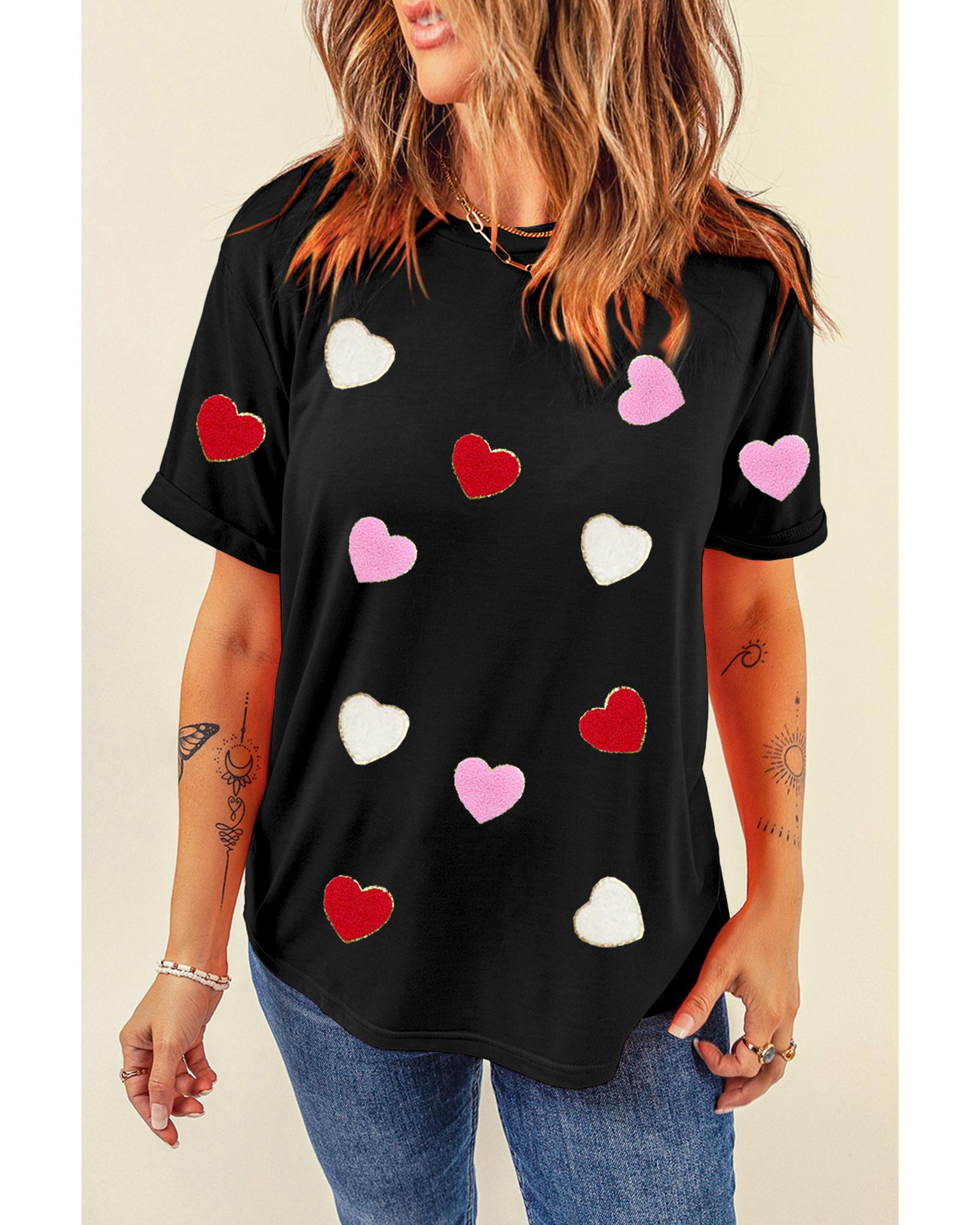 V539-AZEXDC25227608-2-S-202506121936-00 Black Valentines Chenille Heart Patched Pattern Crewneck Tee - S - Image 1