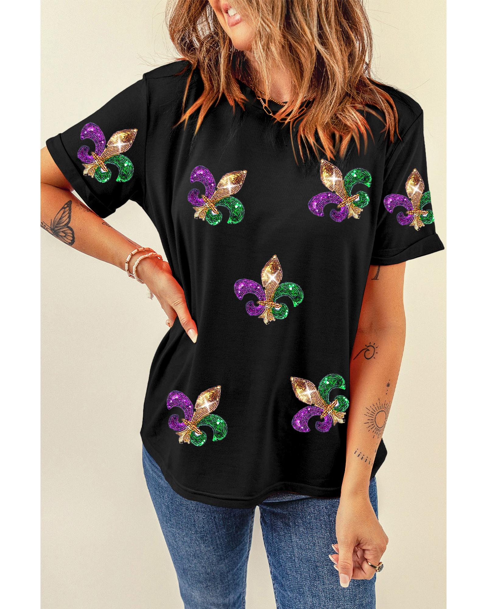 V539-AZEXDC25227609-2-M-202508280200-00 Black Mardi Gras Symbol Patched Crewneck T Shirt - M - Image 1
