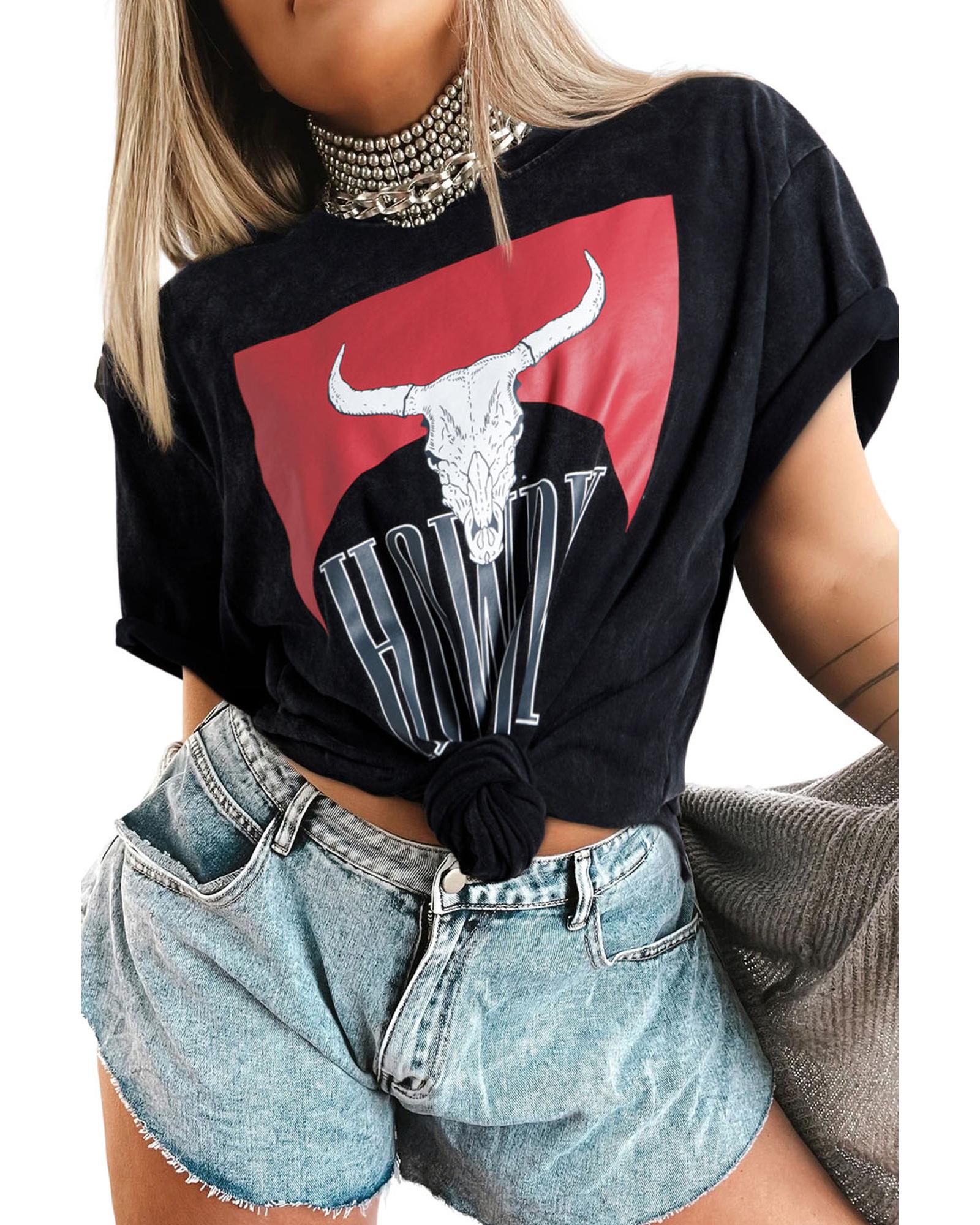 V539-AZEXDC25227666-P2-L-202508291450-00 Black Western HOWDY Steer Head Print Side Slits Loose Fit T Shirt - L - Image 1