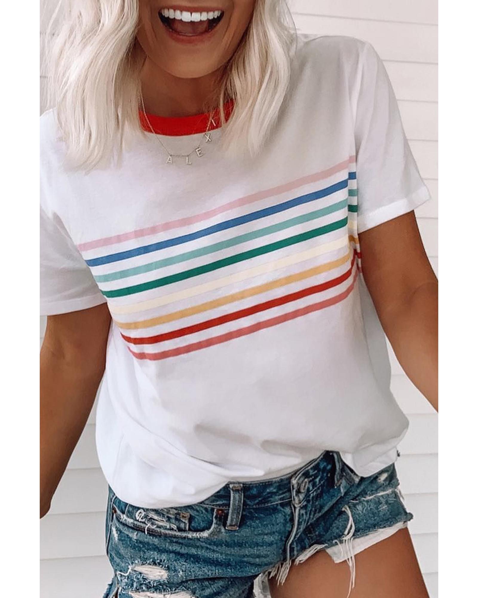 V539-AZEXDC25227708-P1-L-202508280125-00 White Rainbow Stripe Print Contrast Crewneck T Shirt - L - Image 1