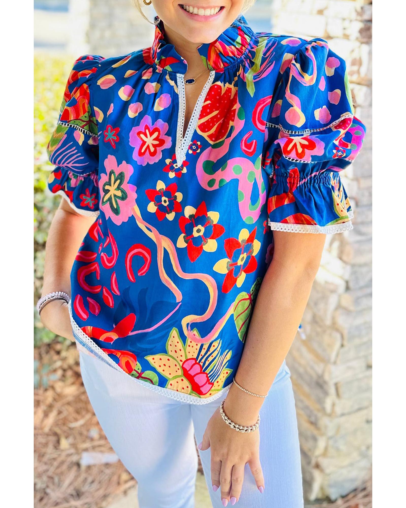 V539-AZEXDC25227747-P520-M-202508280415-00 Blue Abstract Print Frilled Collar Ruffled Puff Short Sleeve Top - M - Image 1