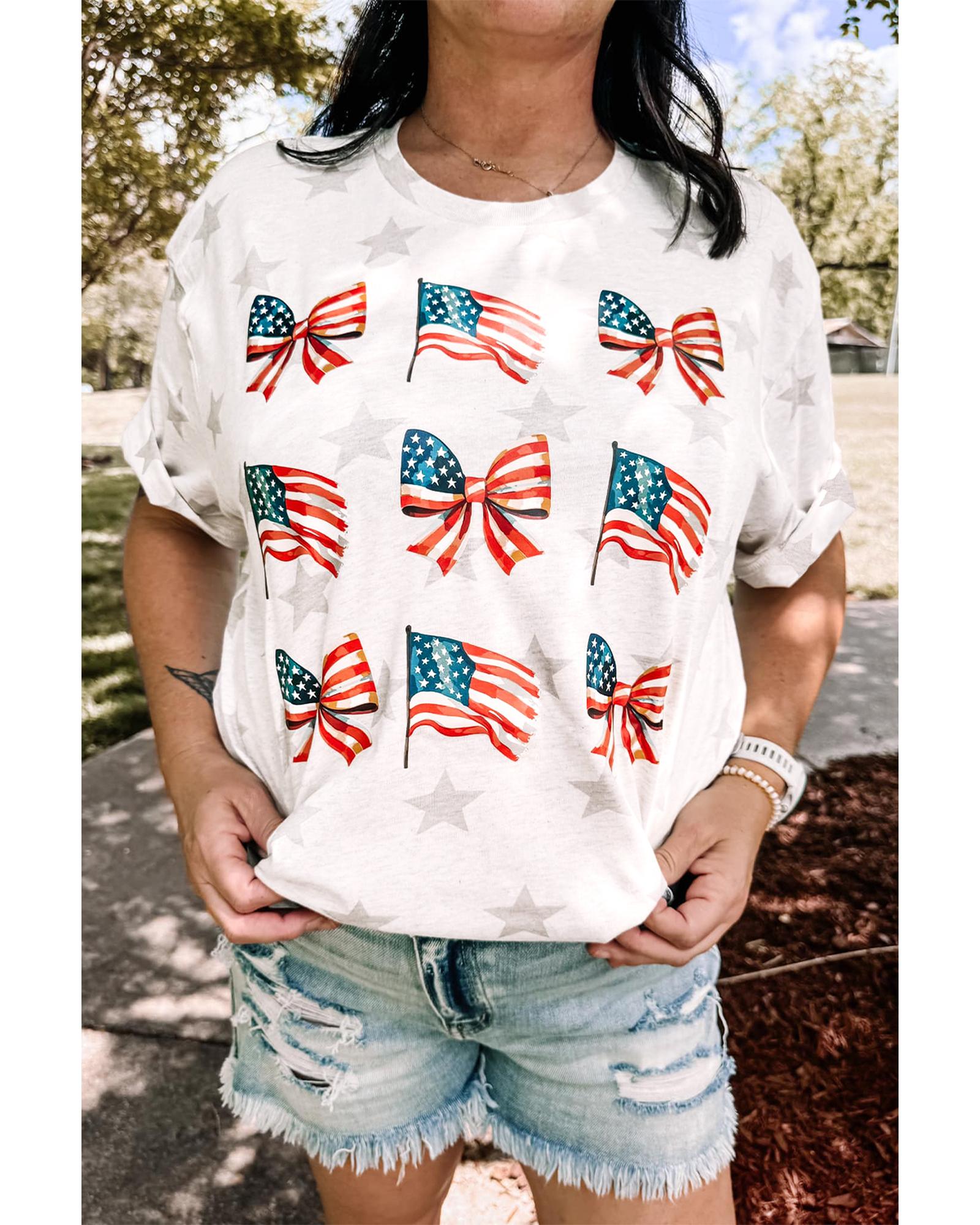V539-AZEXDC25227758-P1620-S-202506121530-00 Khaki Patriotic Flag Bow Graphic Starry Round Neck T Shirt - S - Image 1