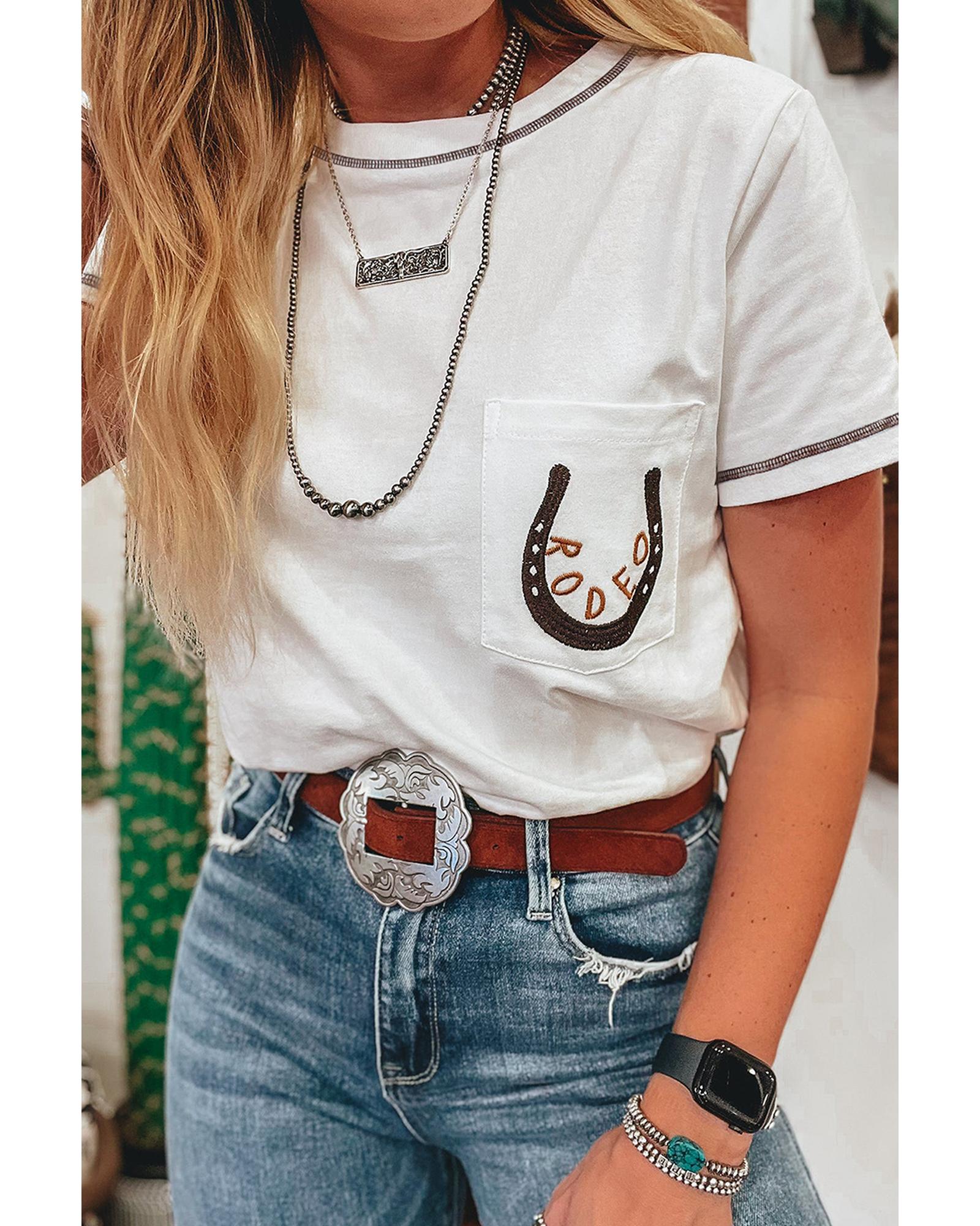 V539-AZEXDC25227785-P1-L-202508280305-00 White RODEO Horseshoe Embroidered Patch Pocket T Shirt - L - Image 1