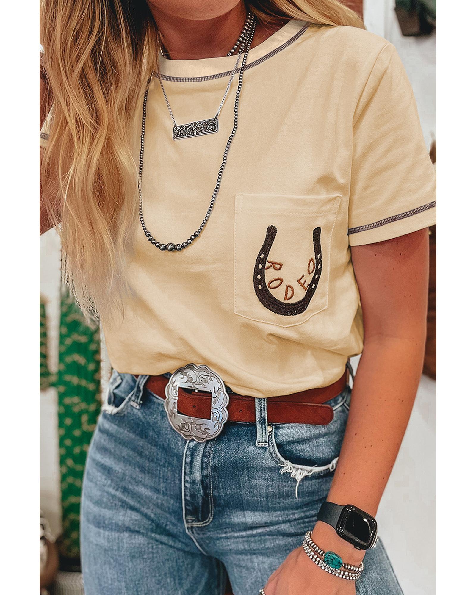 V539-AZEXDC25227785-P18-S-202506121537-00 Apricot RODEO Horseshoe Embroidered Patch Pocket T Shirt - S - Image 1