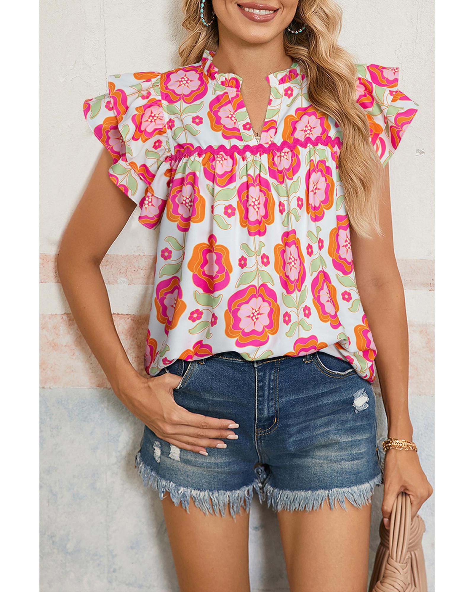 Rose Floral Ruffled Sleeve Ric-rac Trim Split Neck Loose Blouse - M