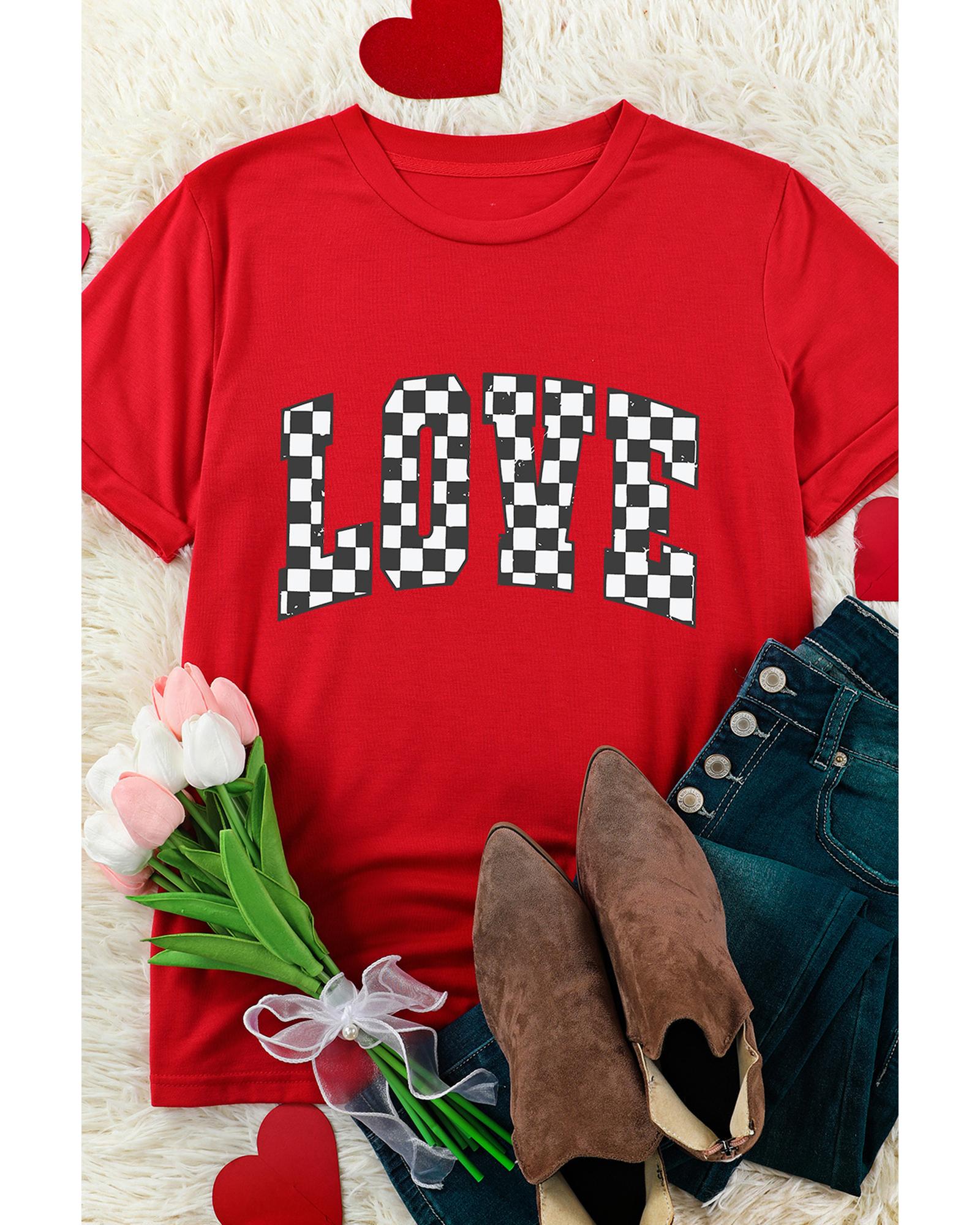 V539-AZEXDC25227857-103-M-202508280355-00 Red Checkered LOVE Letter Graphic Valentines T Shirt - M - Image 1