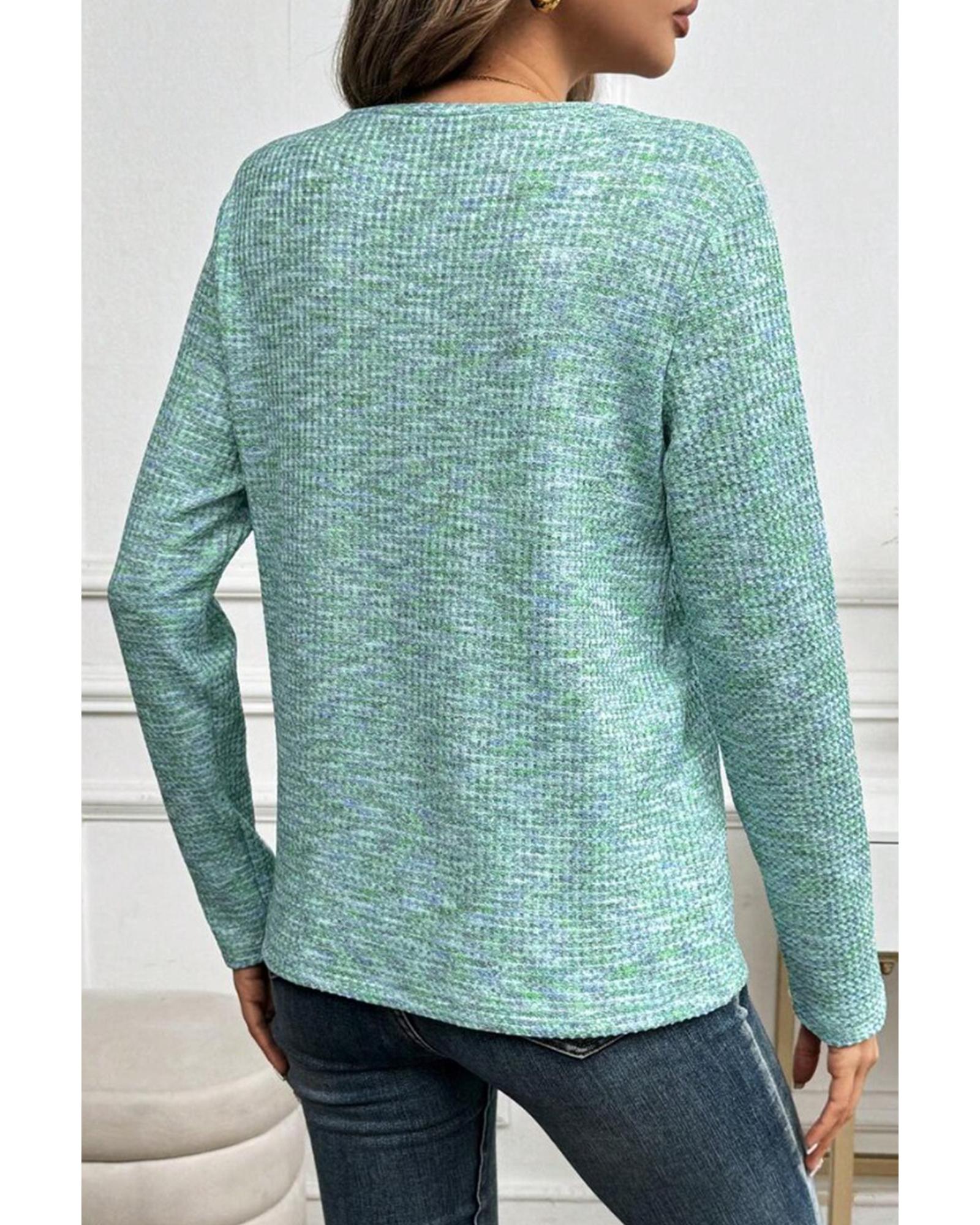V539-AZEXDC25227897-P2209-M-202508300435-00 Moonlight Jade Buttoned V Neck Textured Knit Long Sleeve Top - M - Image 1