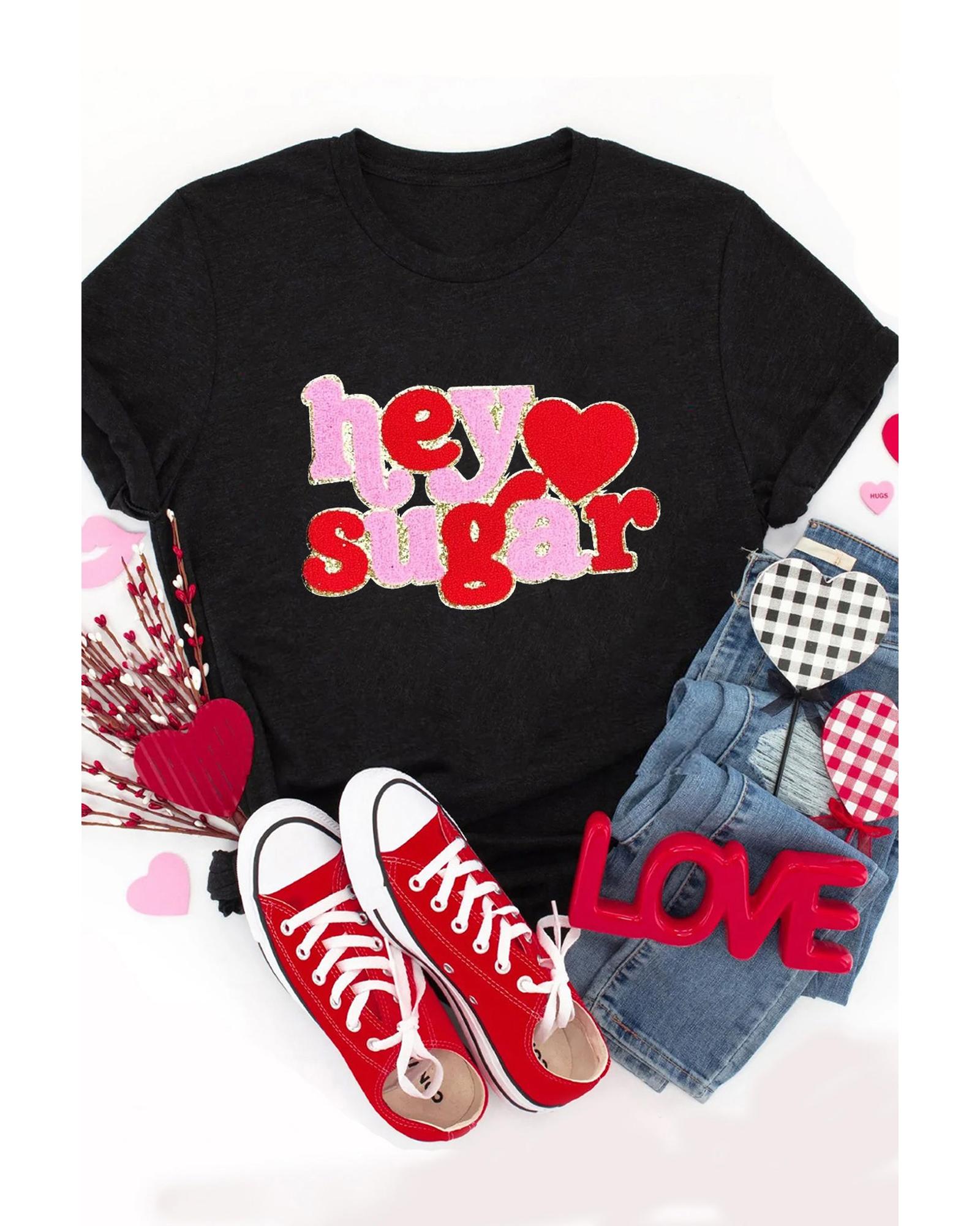 V539-AZEXDC25227982-2-S-202506121712-00 Black Chenille Heart hey sugar Patched Crewneck Valentines Tee - S - Image 1