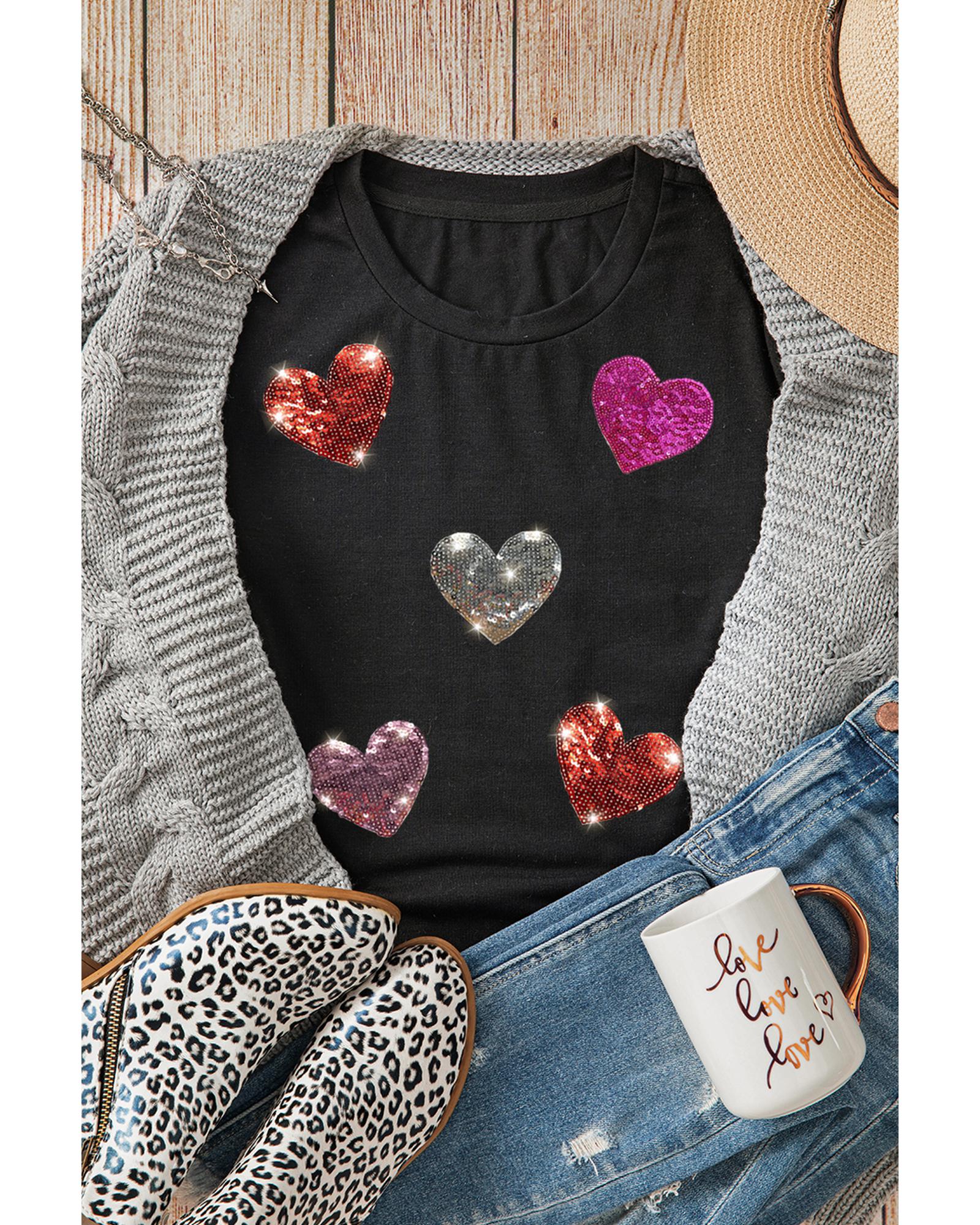 V539-AZEXDC25227985-2-2XL-202508300345-00 Black Sequin Heart Patched Pattern Crewneck Valentines Tee - 2XL - Image 1