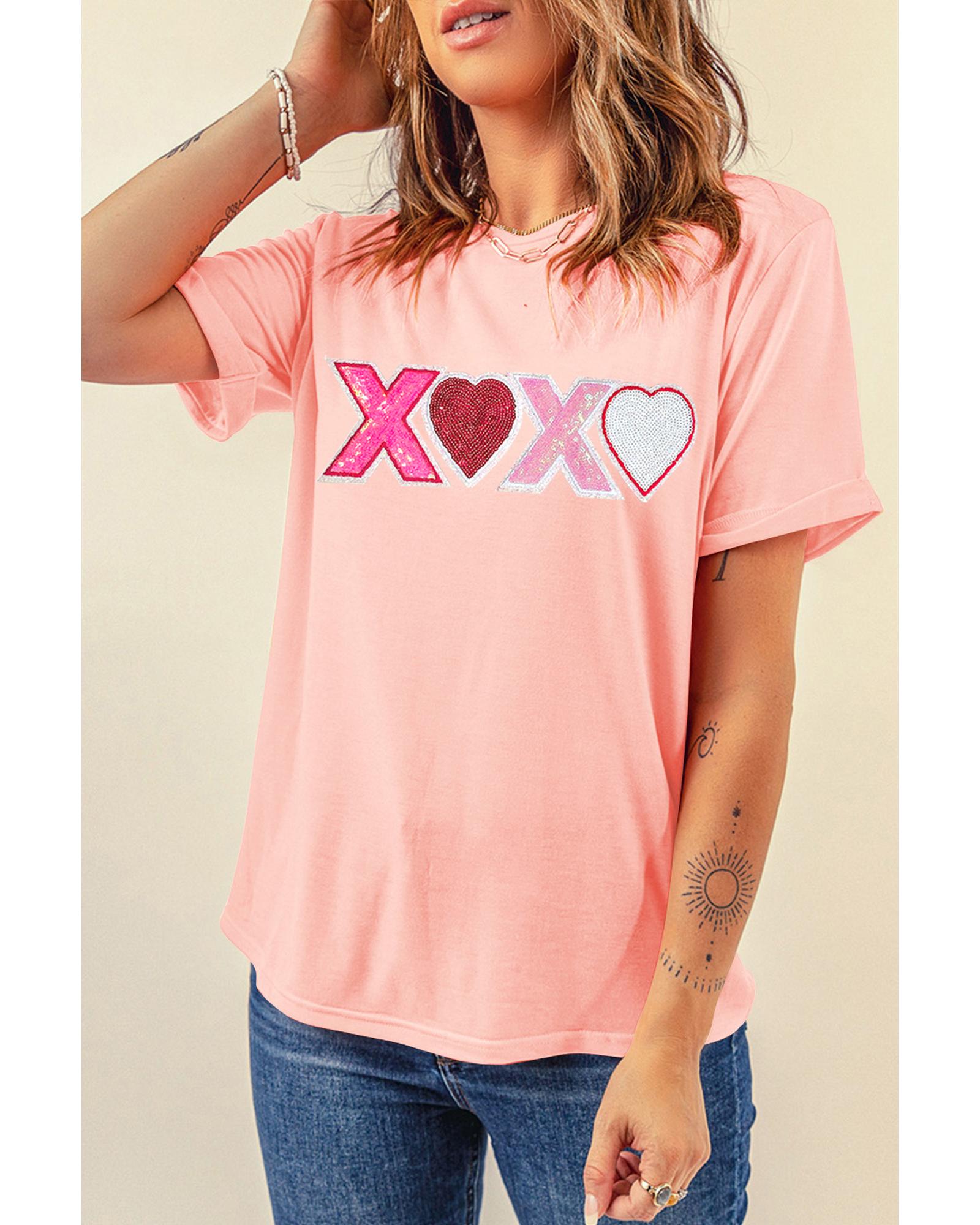 V539-AZEXDC25227986-10-L-202508281650-00 Pink Sequin Heart XOXO Patched Graphic Valentines T Shirt - L - Image 1