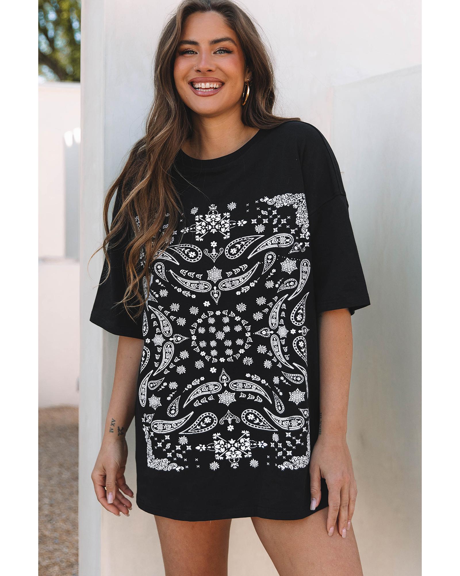 V539-AZEXDC25228020-P2-M-202508281830-00 Black Paisley Print Crew Neck Loose Fit Tunic Tee - M - Image 1