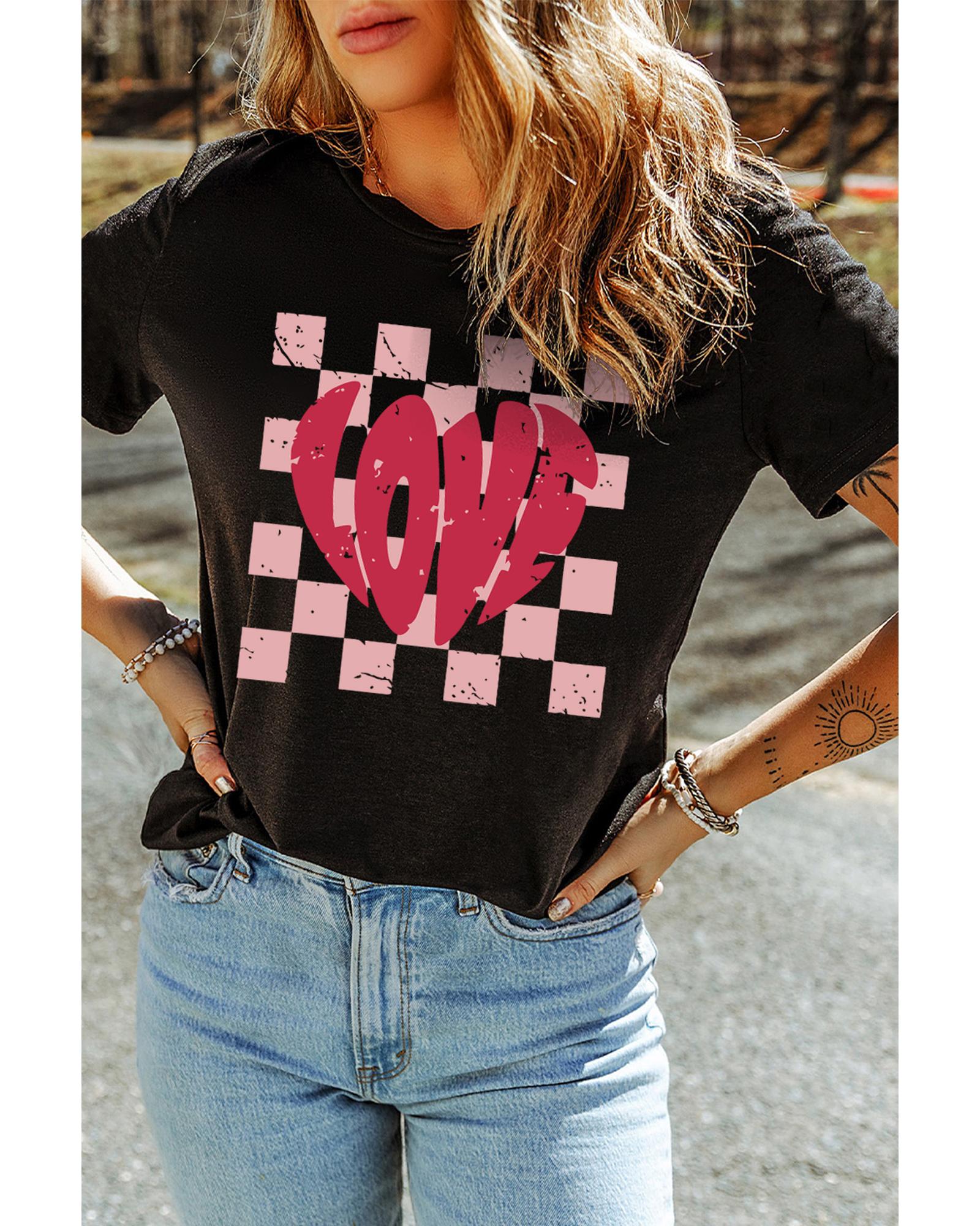 V539-AZEXDC25228033-2-2XL-202508291505-00 Black LOVE Checkered Graphic Valentine Tee - 2XL - Image 1