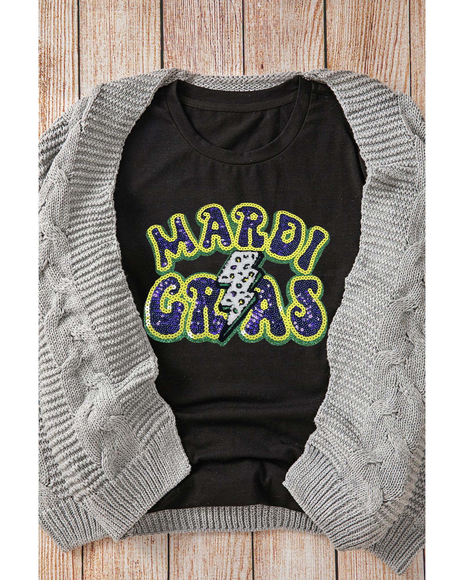 V539-AZEXDC25228043-2-M-202508271920-00 Black MARDI GRAS Lightning Graphic Short Sleeve Top - M - Image 1