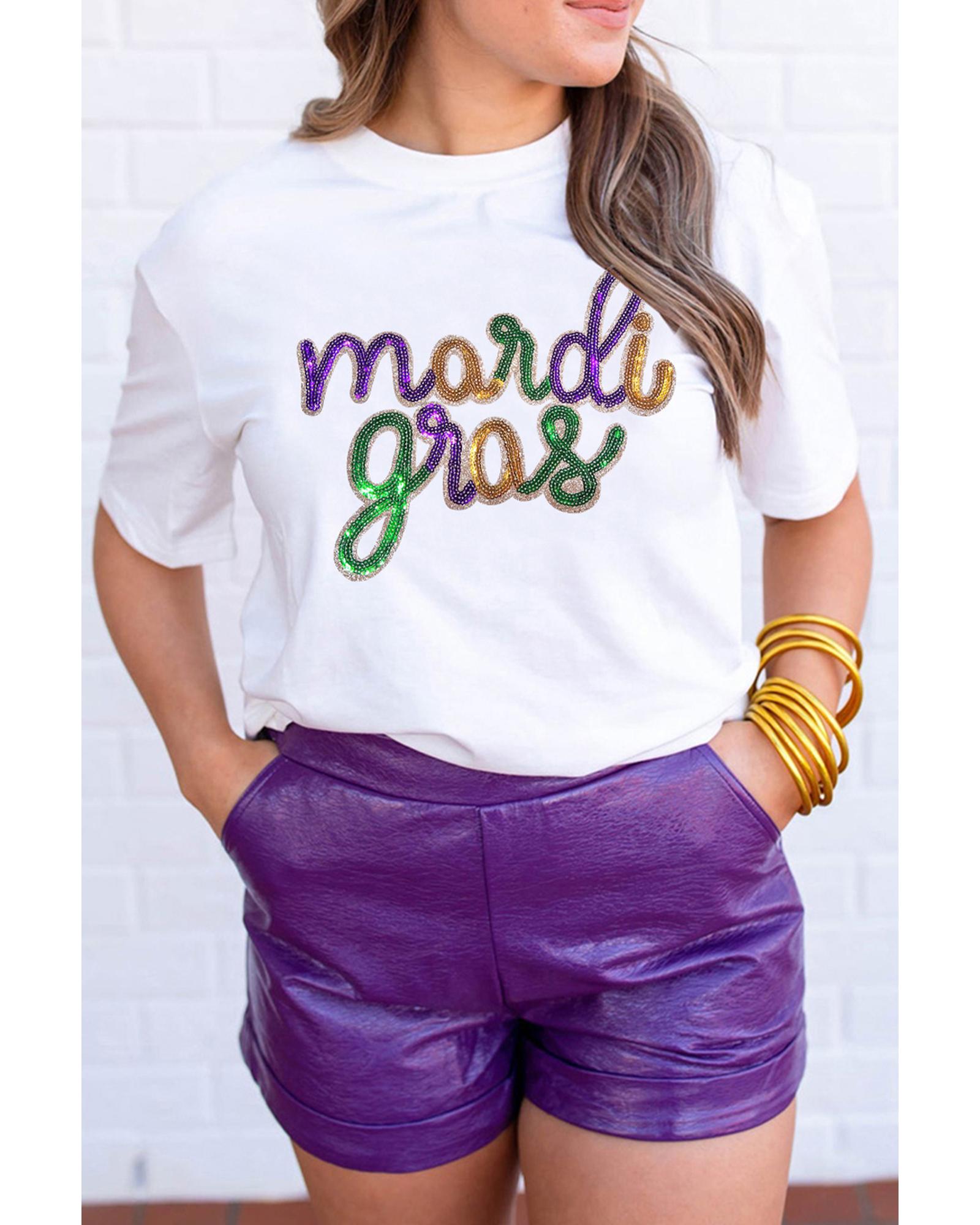 V539-AZEXDC25228047-1-L-202508271855-00 White Sequin mardi gras Graphic T Shirt - L - Image 1