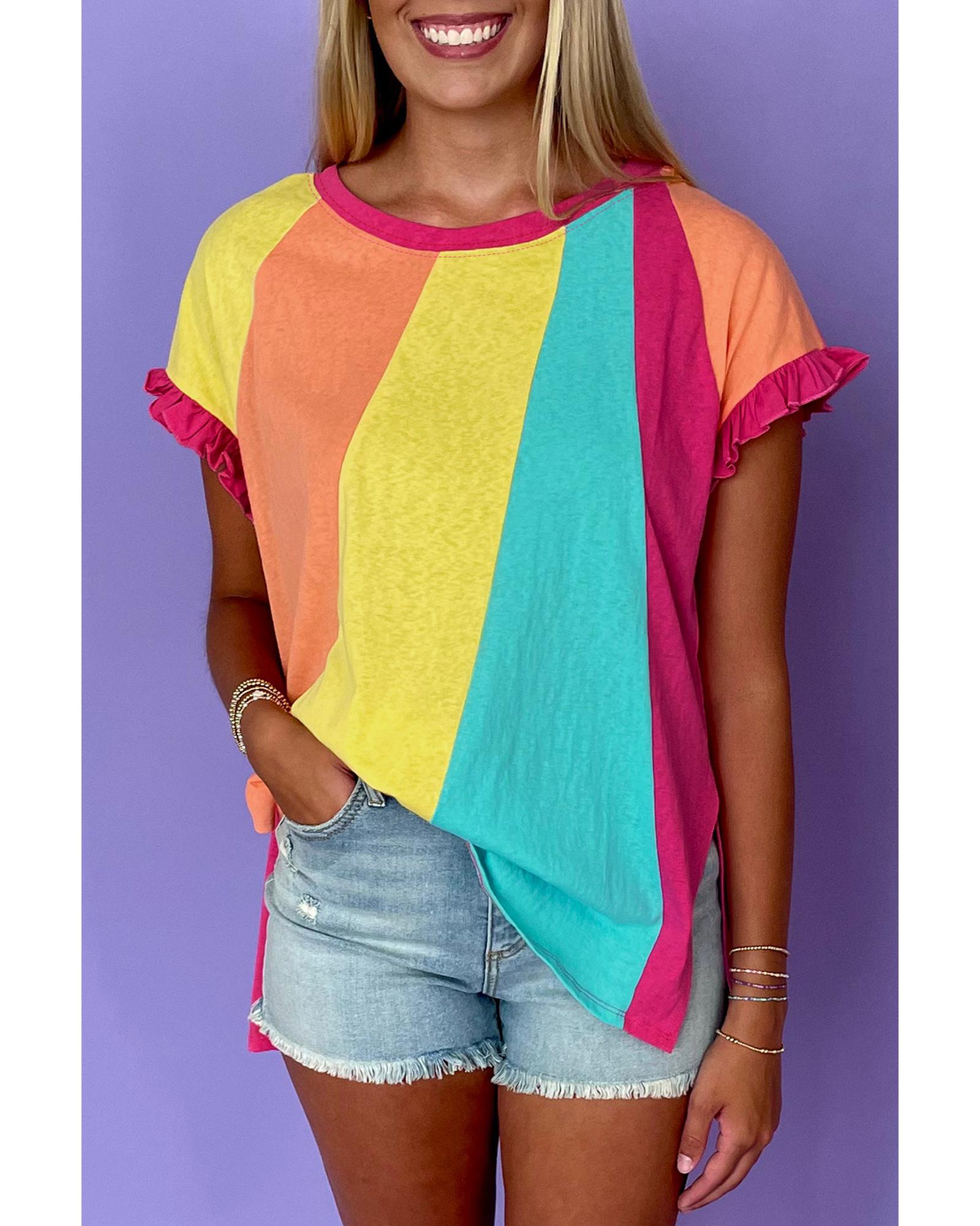 V539-AZEXDC25228071-P6-S-202506130037-00 Rose Red Color Block Ruffled Crew Neck Loose Fit T Shirt - S - Image 1