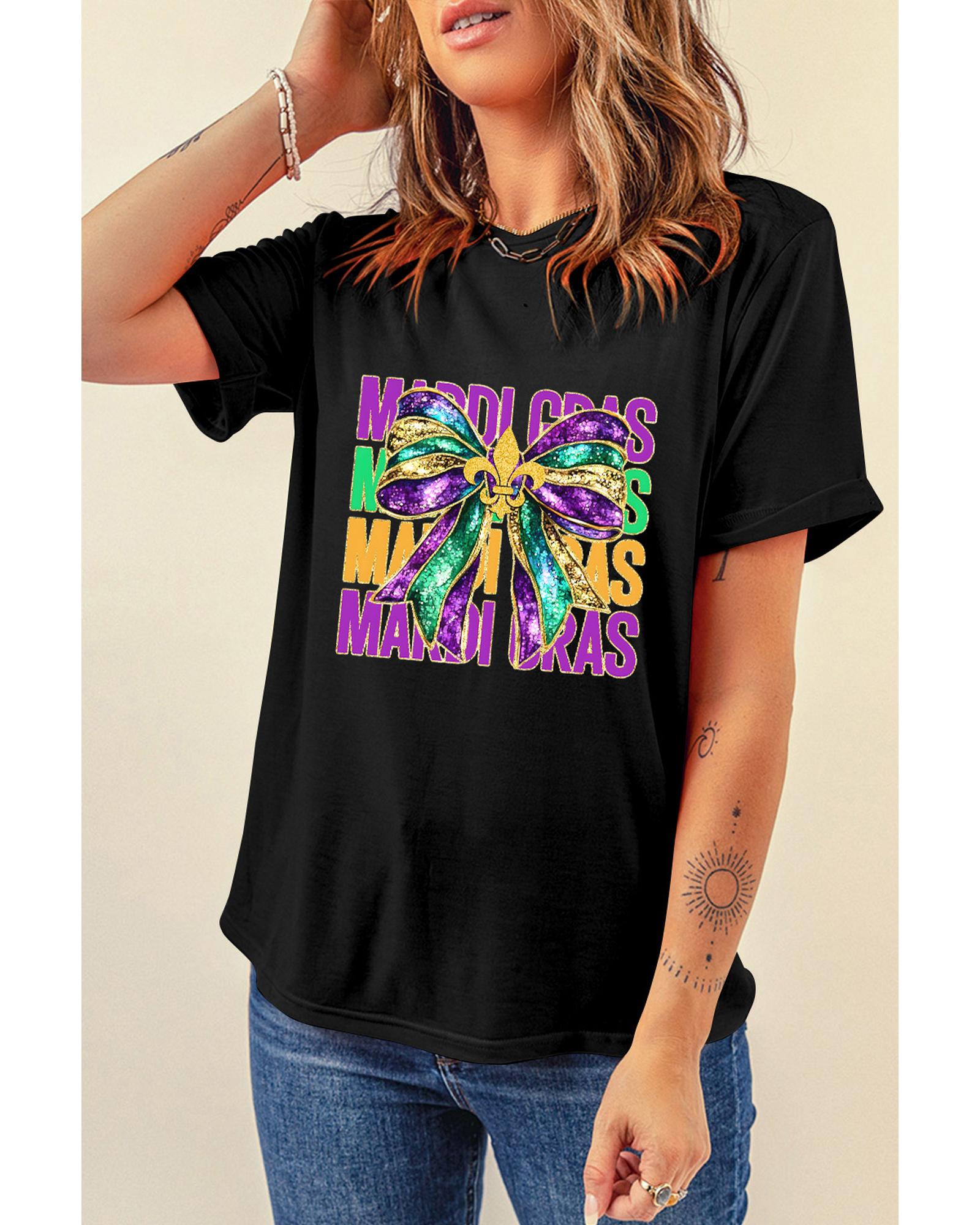 V539-AZEXDC25228094-2-XL-202508290150-00 Black MARDI GRAS Fleur de Lis Bowknot Printed Crewneck Tee - XL - Image 1