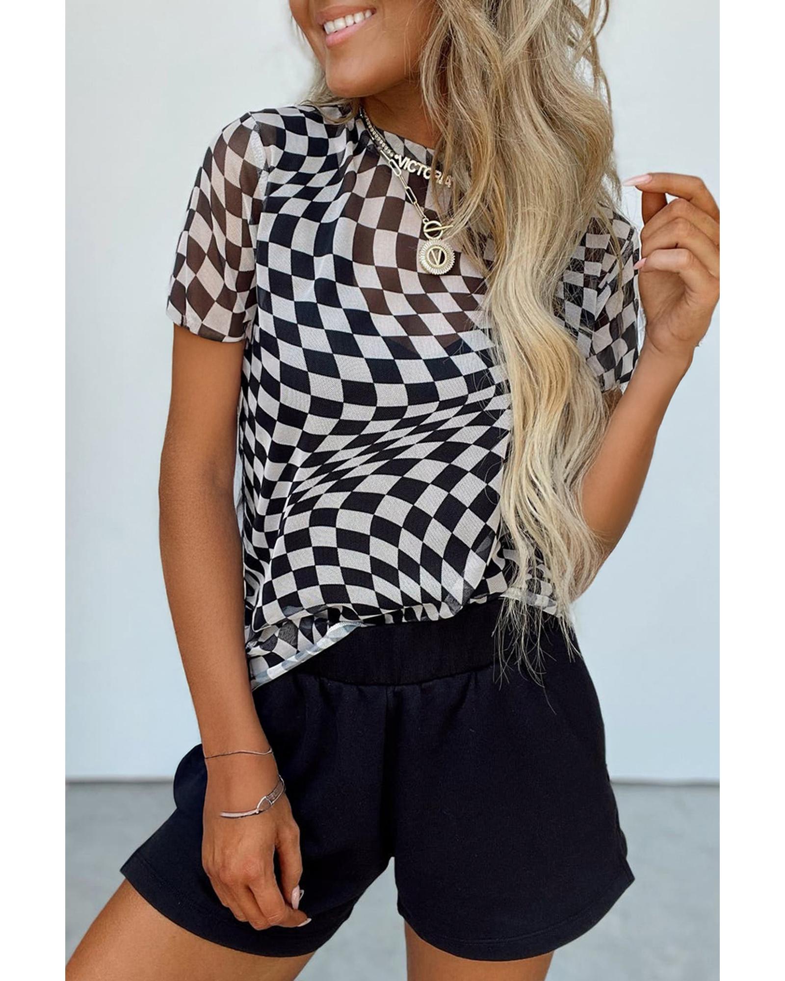 V539-AZEXDC25228160-P220-XL-202508291450-00 Black Checker Mesh Crew Neck T Shirt - XL - Image 1