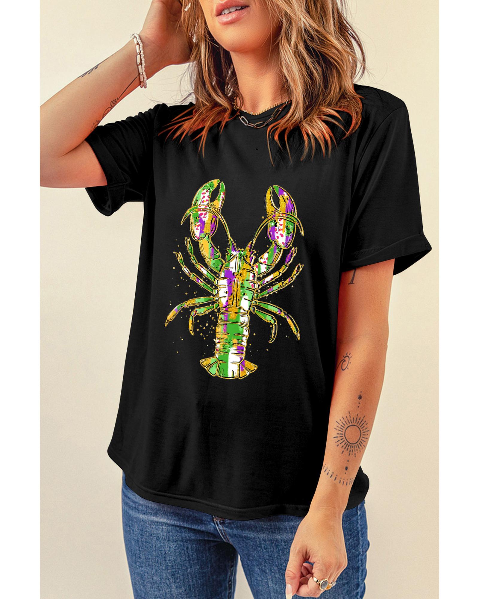 V539-AZEXDC25228175-2-L-202508292050-00 Black Mardi Gras Lobster Heat Transfer Graphic T Shirt - L - Image 1