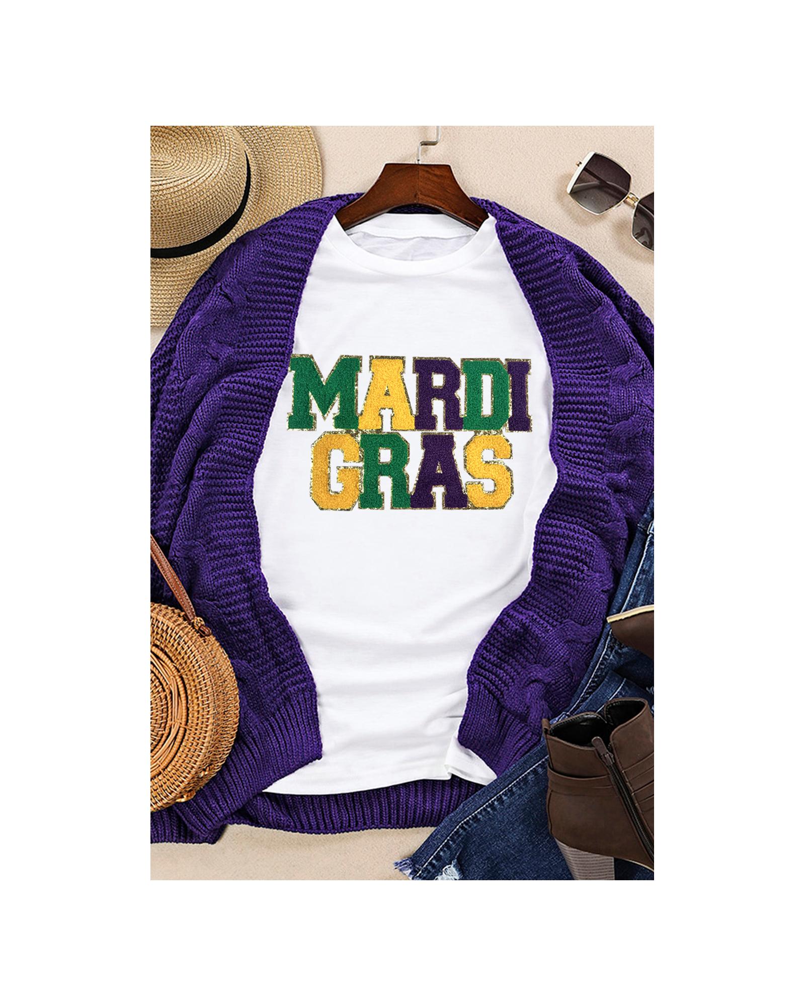 V539-AZEXDC25228196-1-3XL-202508281430-00 White Chenille MARDI GRAS Patched Graphic T Shirt - 3XL - Image 1