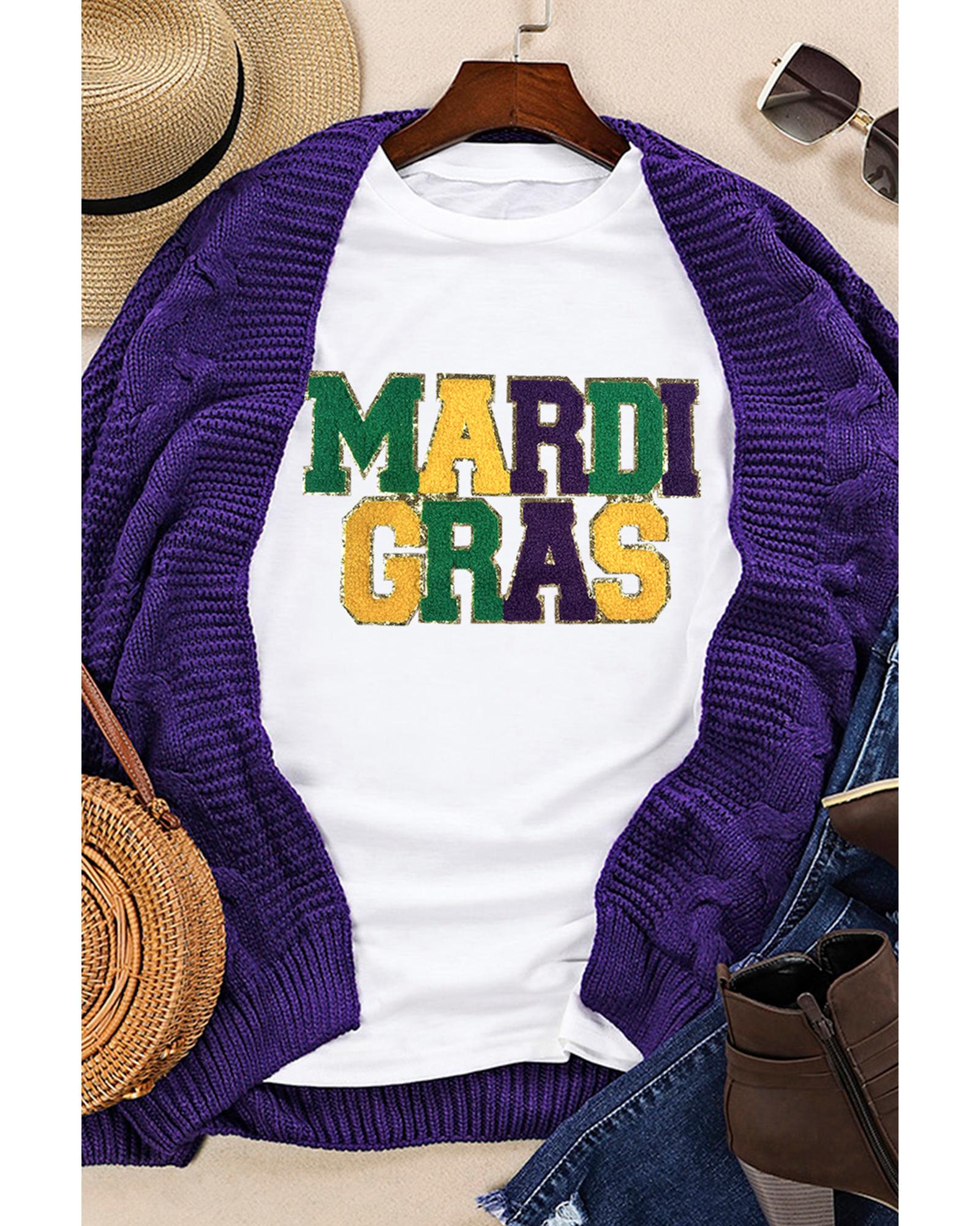 V539-AZEXDC25228196-1-M-202508281720-00 White Chenille MARDI GRAS Patched Graphic T Shirt - M - Image 1
