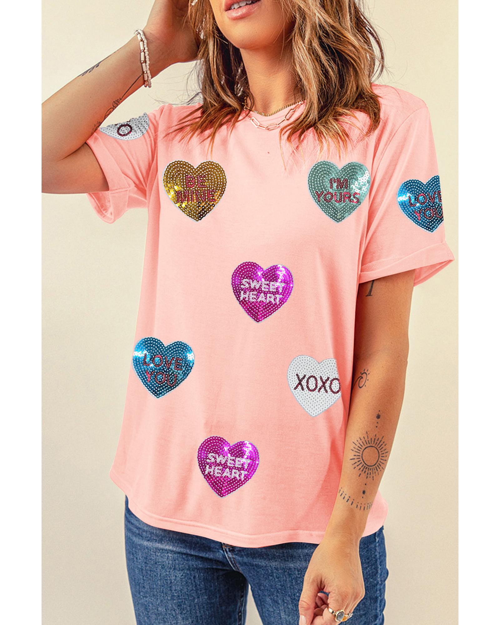 V539-AZEXDC25228197-10-2XL-202508282305-00 Pink Sequin Valentines Lettering Heart Patched Crewneck T Shirt - 2XL - Image 1