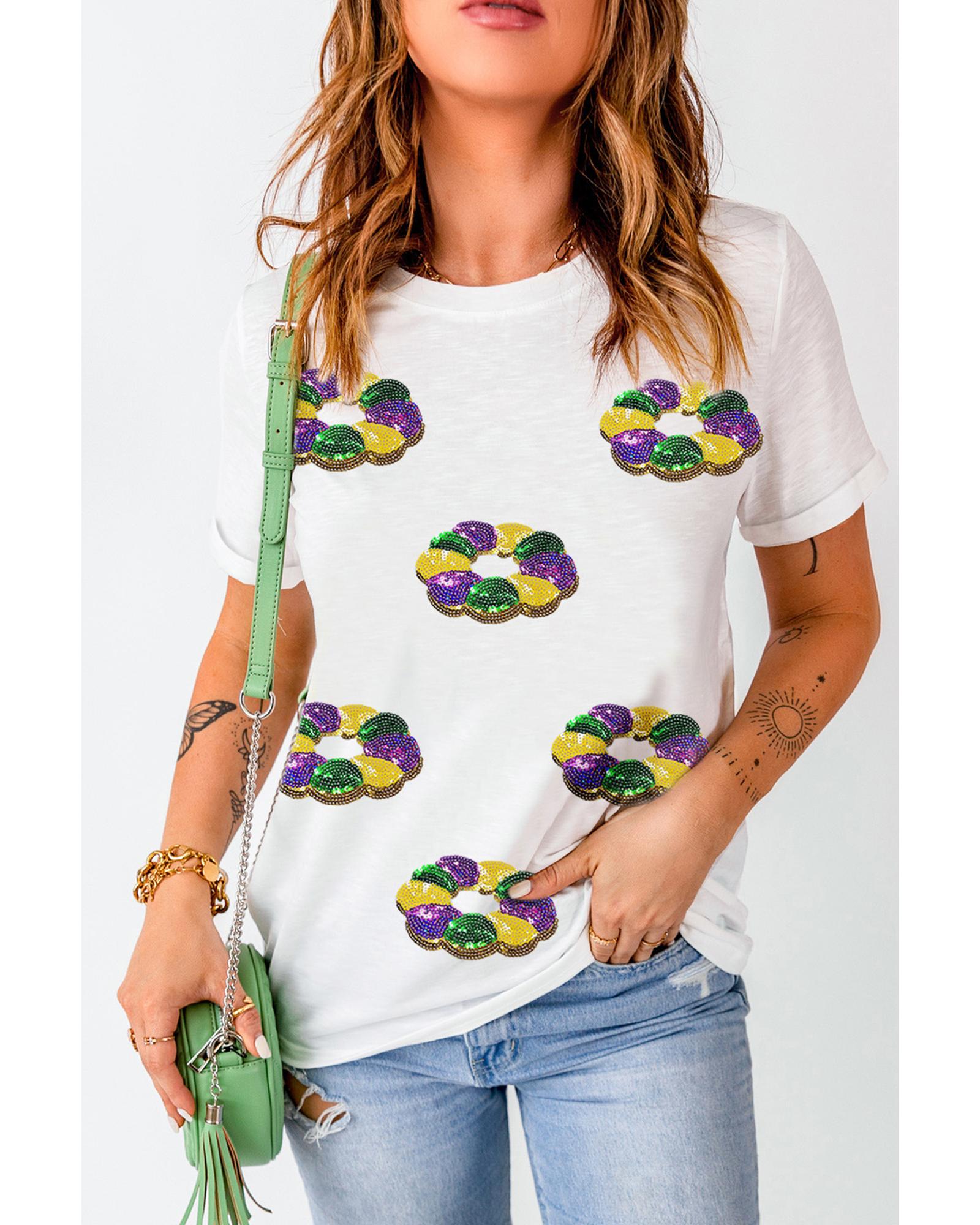 V539-AZEXDC25228252-1-2XL-202508281255-00 White Sequined Mardi Gras Pattern Crew Neck Short Sleeve Top - 2XL - Image 1