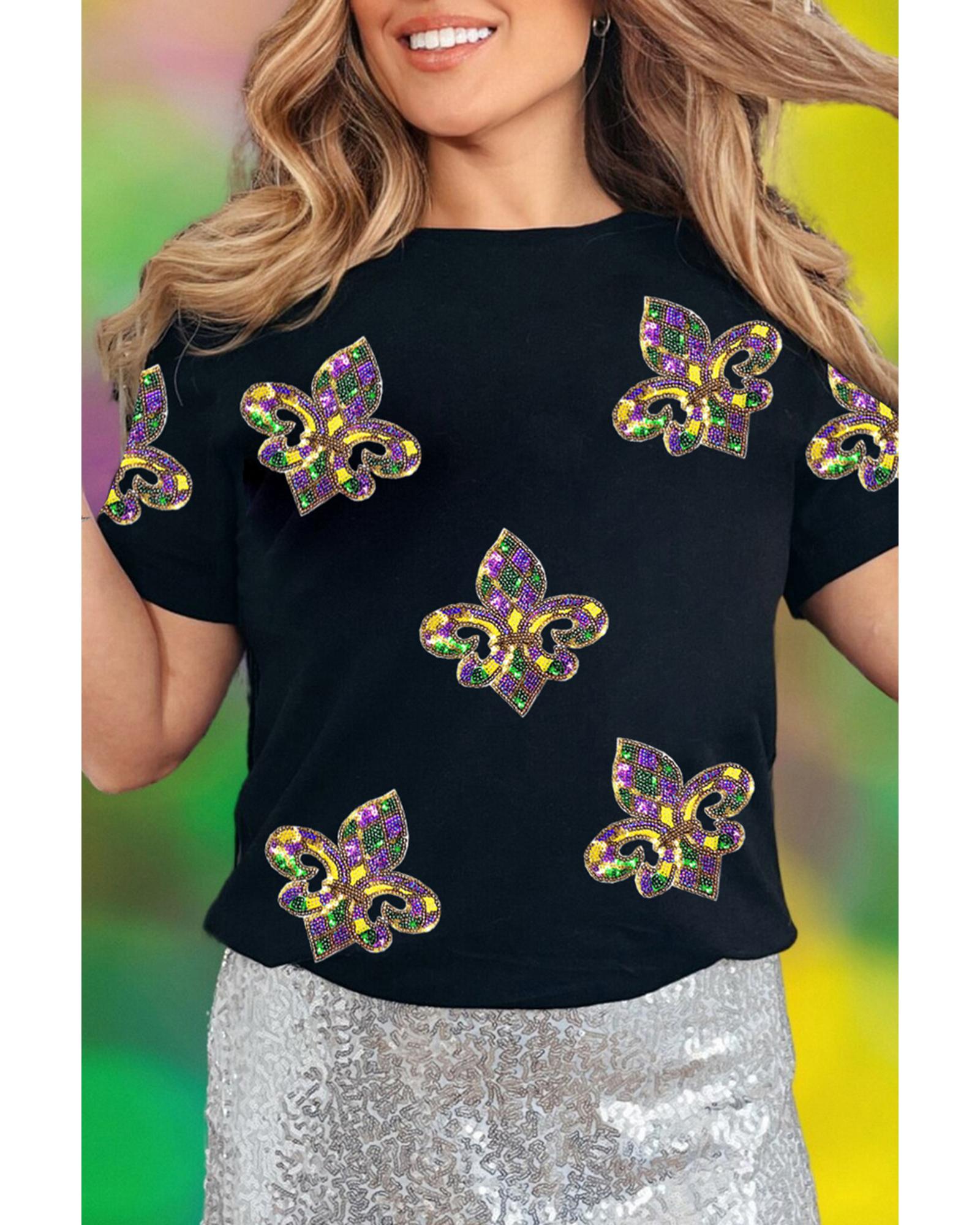 V539-AZEXDC25228259-2-L-202508280735-00 Black Maid Gras Sequin Fleur de Lis Graphic T Shirt - L - Image 1