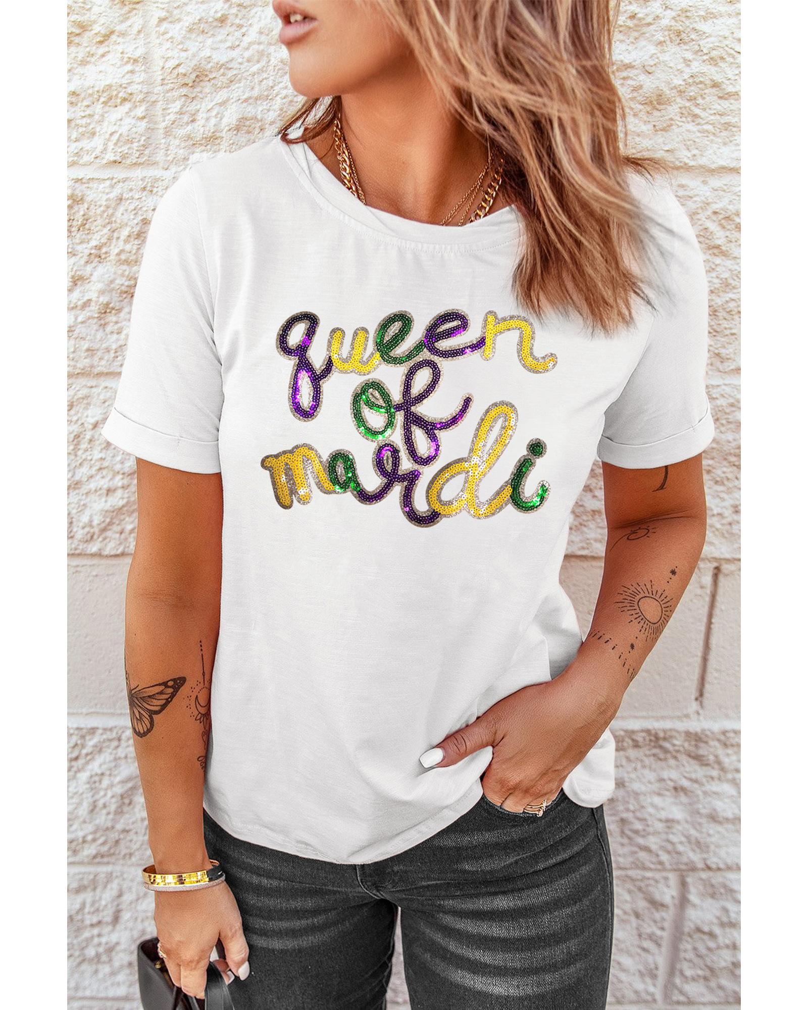 V539-AZEXDC25228261-1-3XL-202508282205-00 White queen of mardi Sequin Letter Graphic T Shirt - 3XL - Image 1