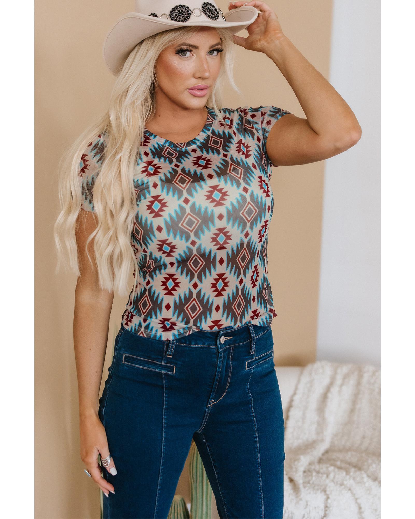 V539-AZEXDC25228410-P520-XL-202508300445-00 Blue Western Aztec Print Mesh Slim T Shirt - XL - Image 1