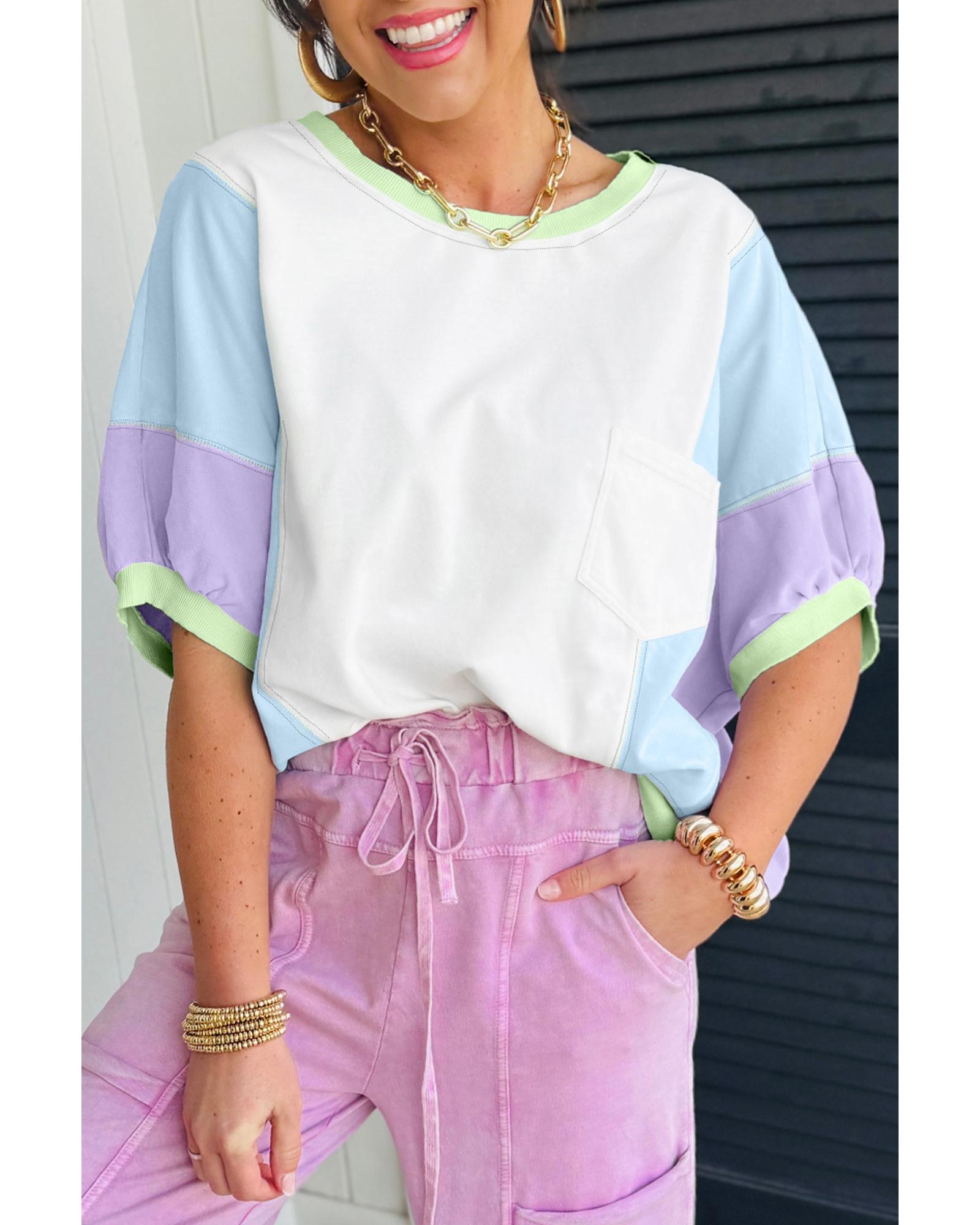 V539-AZEXDC25228417-P122-S-202506122235-00 White Color Block Patchwork Half Sleeve Oversized T Shirt - S - Image 1