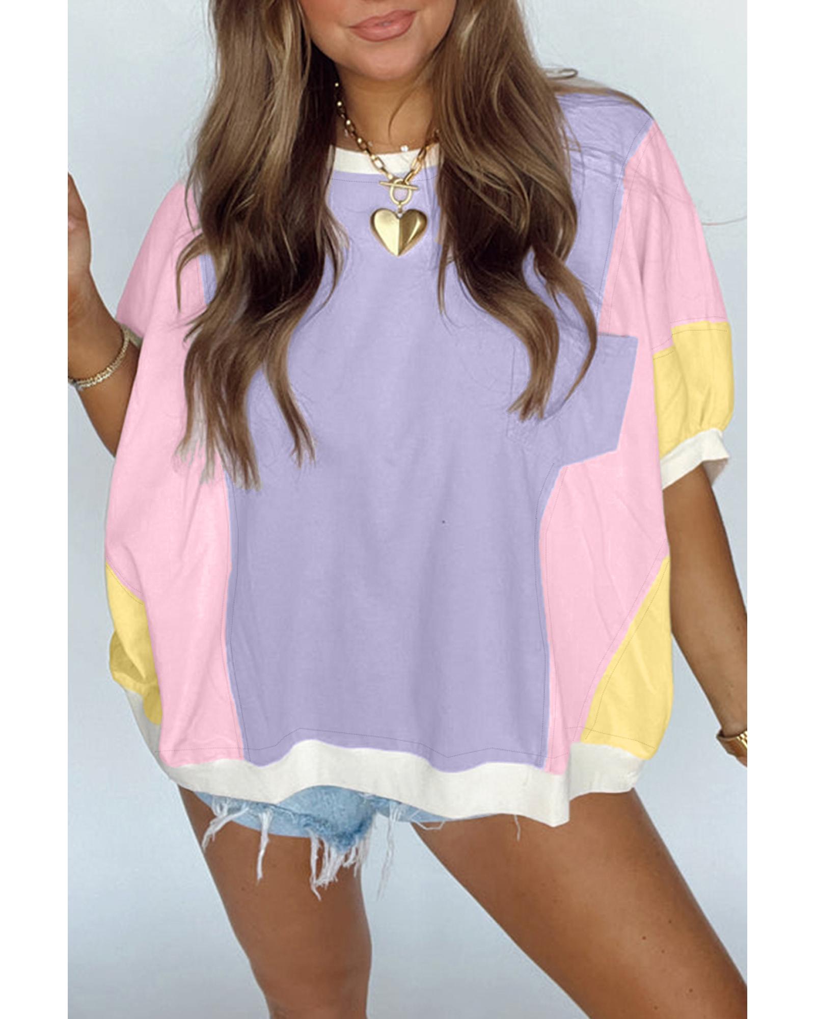 V539-AZEXDC25228417-P822-XL-202508282200-00 Purple Color Block Patchwork Half Sleeve Oversized T Shirt - XL - Image 1