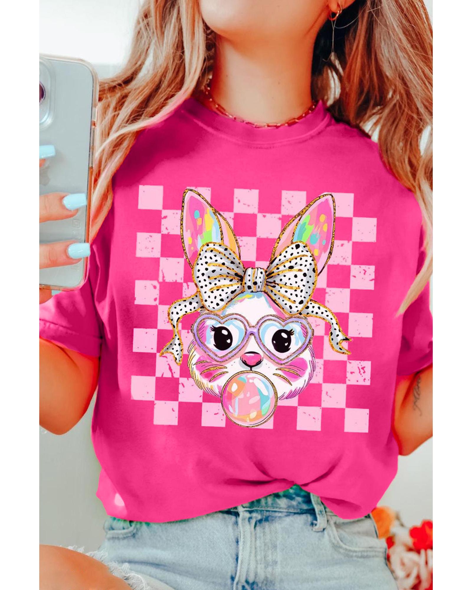V539-AZEXDC25228506-P6-XL-202508280355-00 Rose Red Plaid Bubble Gum Rabbit Graphic Eater T Shirt - XL - Image 1