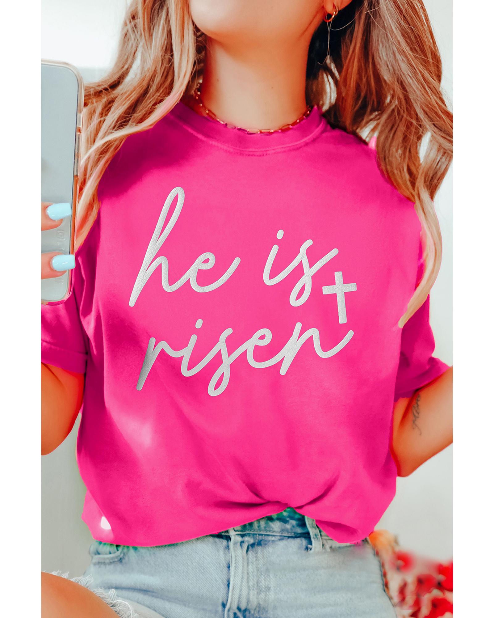 Rose Red Glitter he is risen Cross Printed Crewneck Tee - L