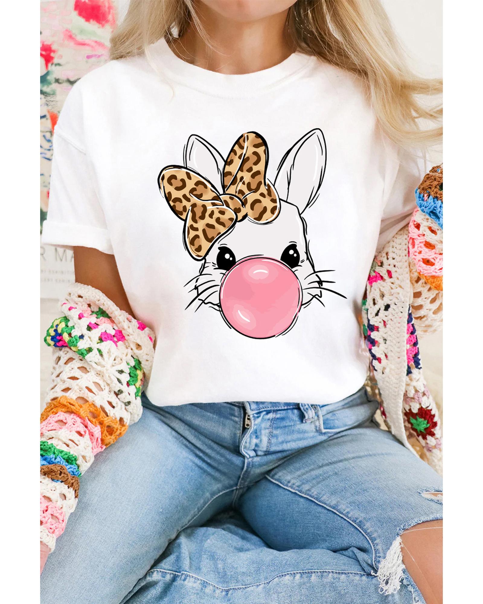 V539-AZEXDC25228545-1-2XL-202508292310-00 White Leopard Bow Bubble Rabbit Graphic Tee - 2XL - Image 1